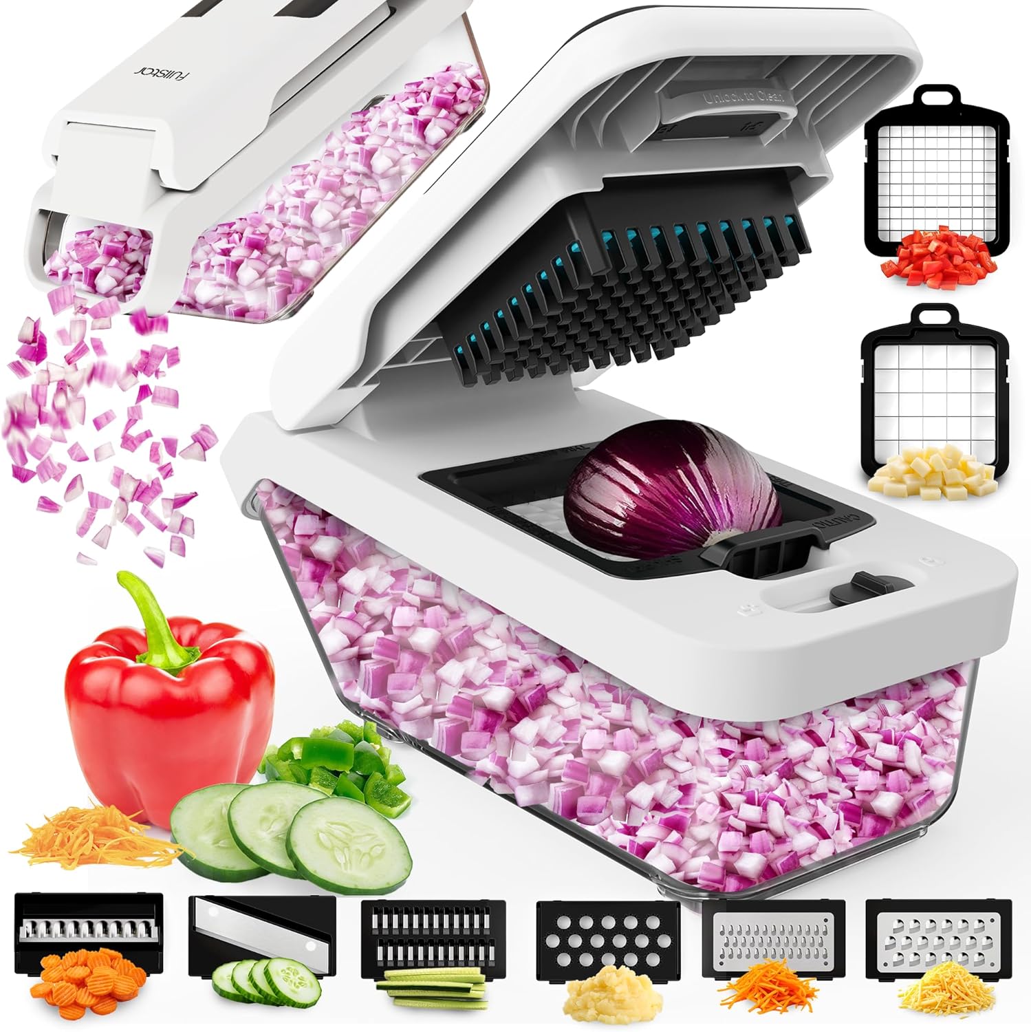 Fullstar Vegetable Chopper and Mandoline Slicer for Kitchen, Food Chopper with Container & Lid, Cheese Grater (8 in 1 – White) Fullstar Vegetable Chopper and Mandoline Slicer for Kitchen, Food Chopper with Container & Lid, Cheese Grater (8 in 1 – White)