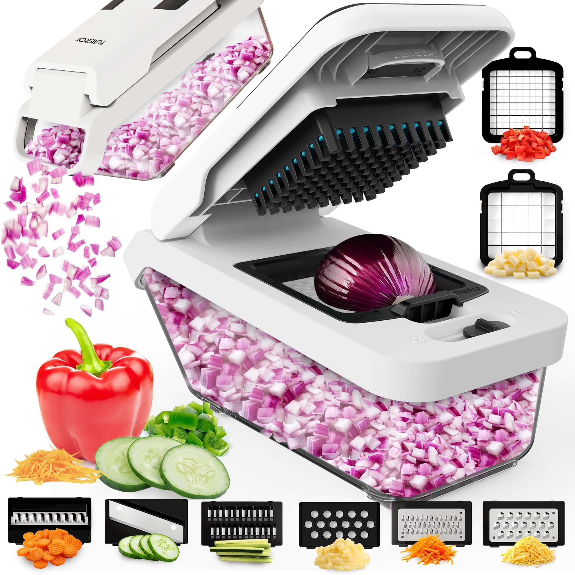 fullstarVegetable Chopper and Mandoline Slicer for Kitchen, Food Chopper with Container & Lid, Cheese Grater (8 in 1 - White)
