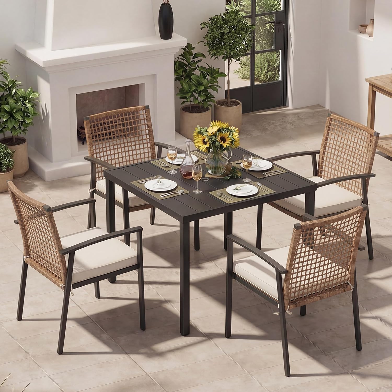 5 Pieces Patio Dining Set, Outdoor Furniture Set of 6 Chairs with Soft Cushion and Rectangular Table with Umbrella Hole,Outdoor Dining Set for Backyard, Garden and Poolside