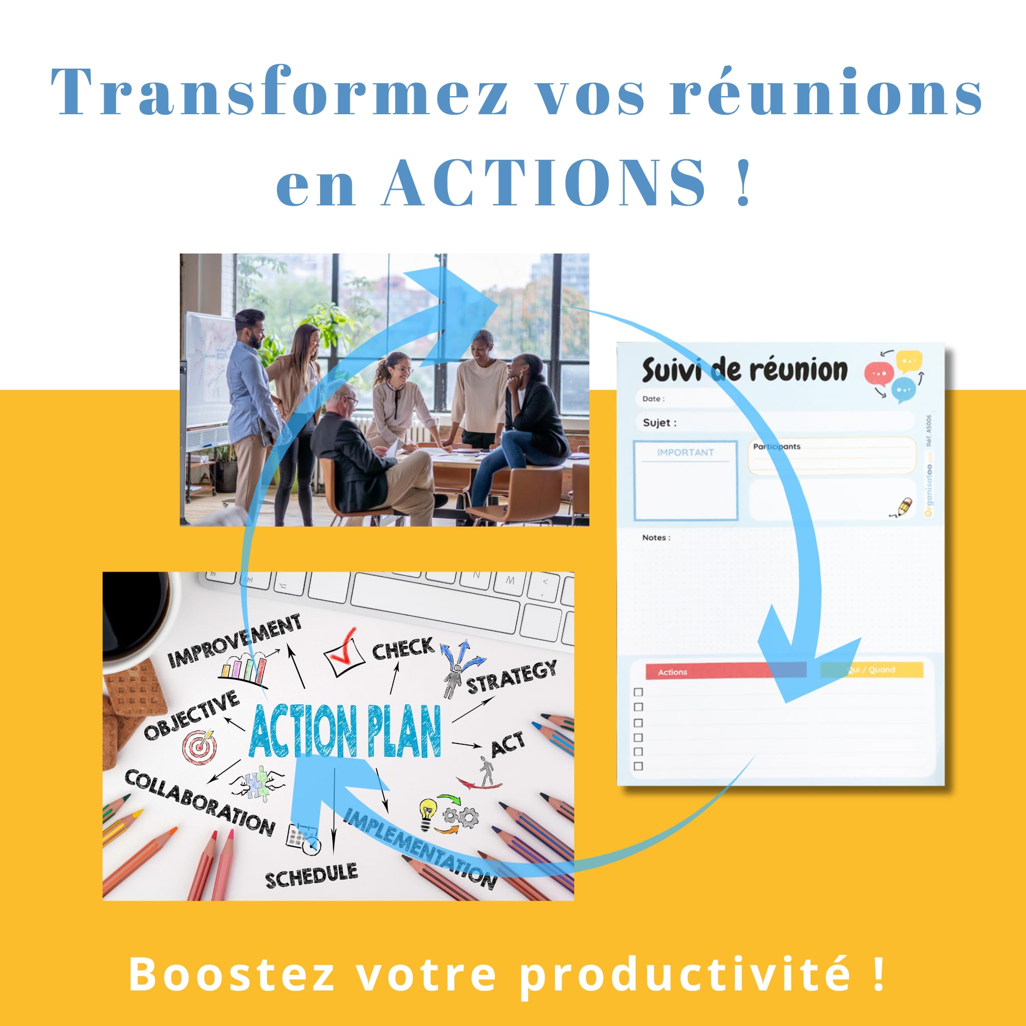 Bloc-notes suivi de réunion A5 50 pages détachables pour équipe managers entrepreneurs