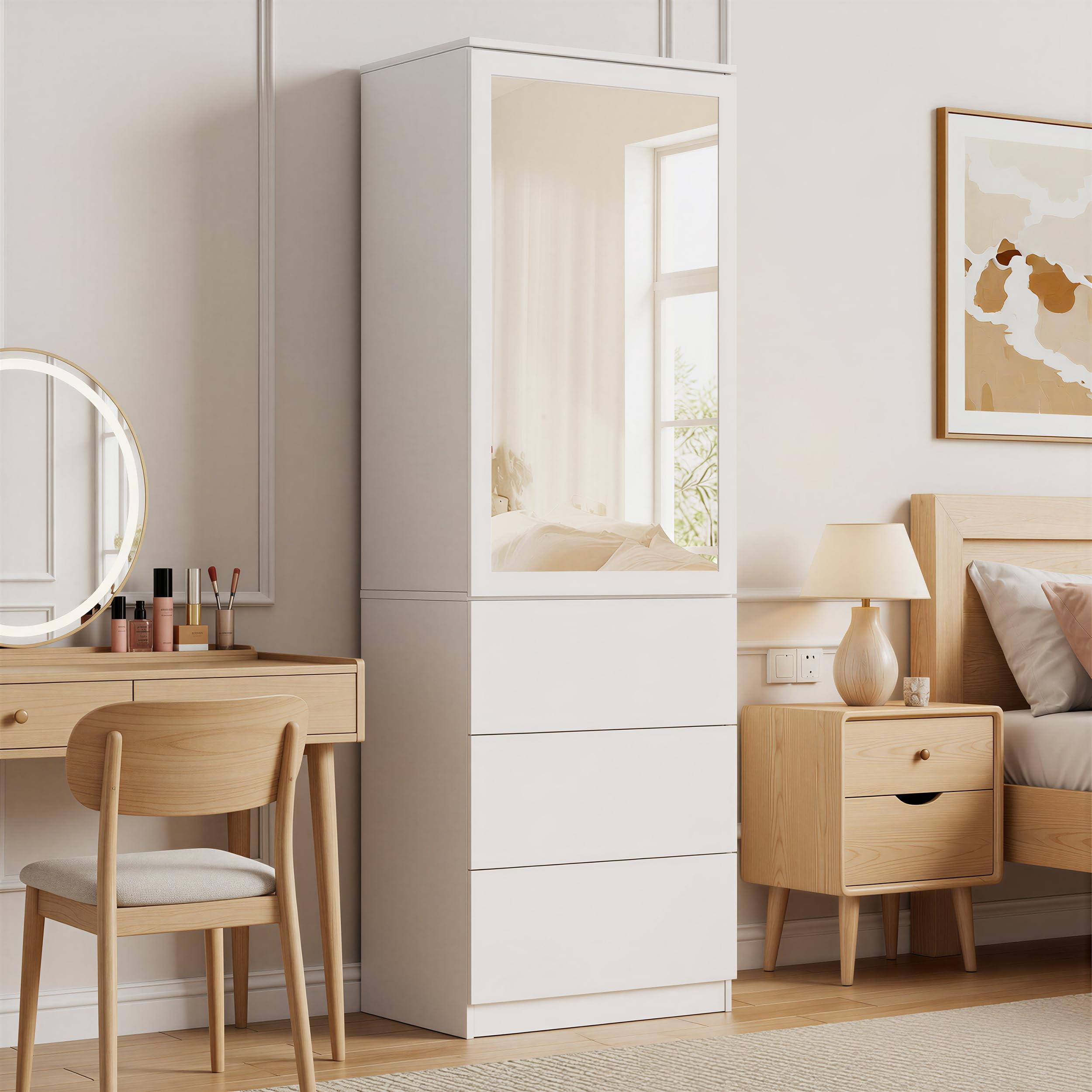 Kleiderschrank mit Spiegel,Mehrzweckschrank mit 3 Einlegeböden & 3 Schubladen, kompakter und funktionaler Schrank,Haushaltsschrank für Schlafzimmer, Flur oder Arbeitszimmer,180x50x40 cm,Weiß