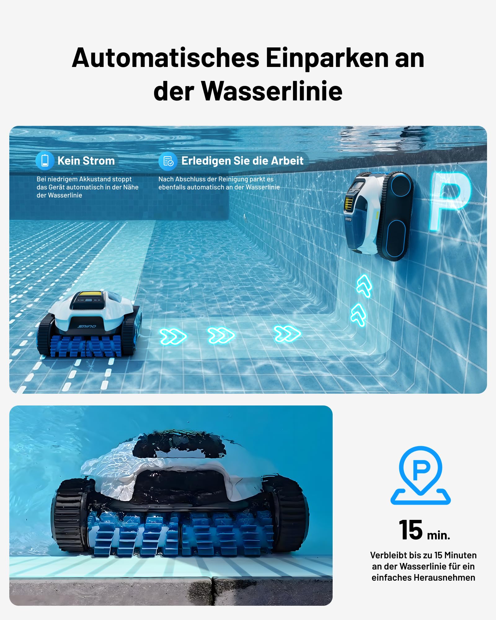 Spino E1 Poolroboter Akku Kabelloser, Boden und Wand, 5 Reinigungsmodi, Max 21950 LPH, 210 Min Laufzeit, Auto Wasserlinien Parkfunktion,SmartArc Routenplan (Spino E1 Neues)