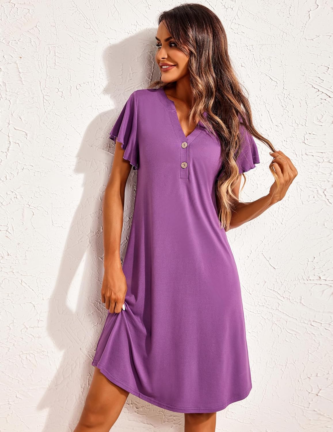Ekouaer Women's Nightgown Short Flare Sleeve Sleepshirt V-Neck Sleepwear Soft Nightshirt Pajama Dress S-XXL - Image 2