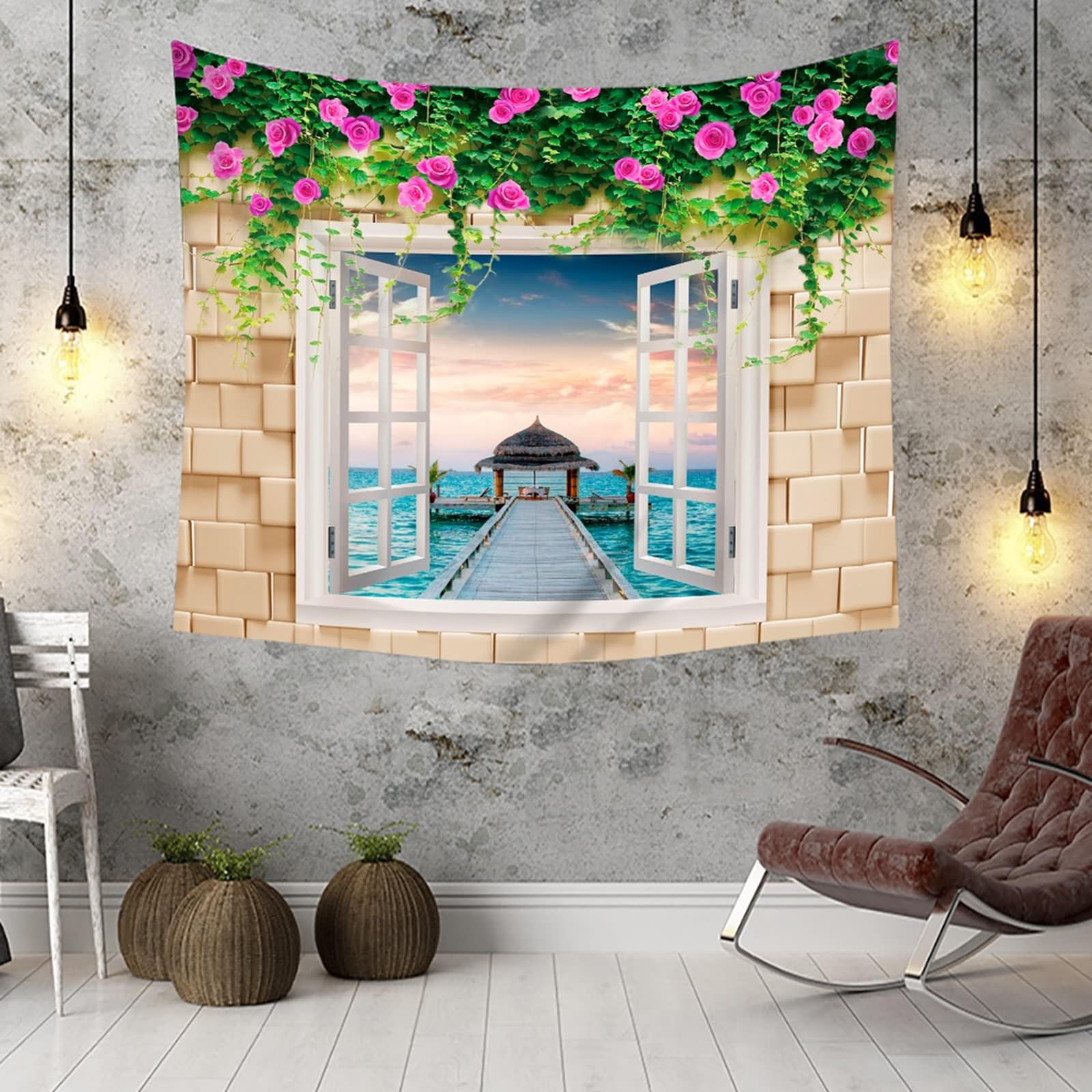Wandteppiche 350x256cm, Wandtuch Fenster Blumen Szenerie Meer Wandbehang Wanddeko 138" W x 101" H