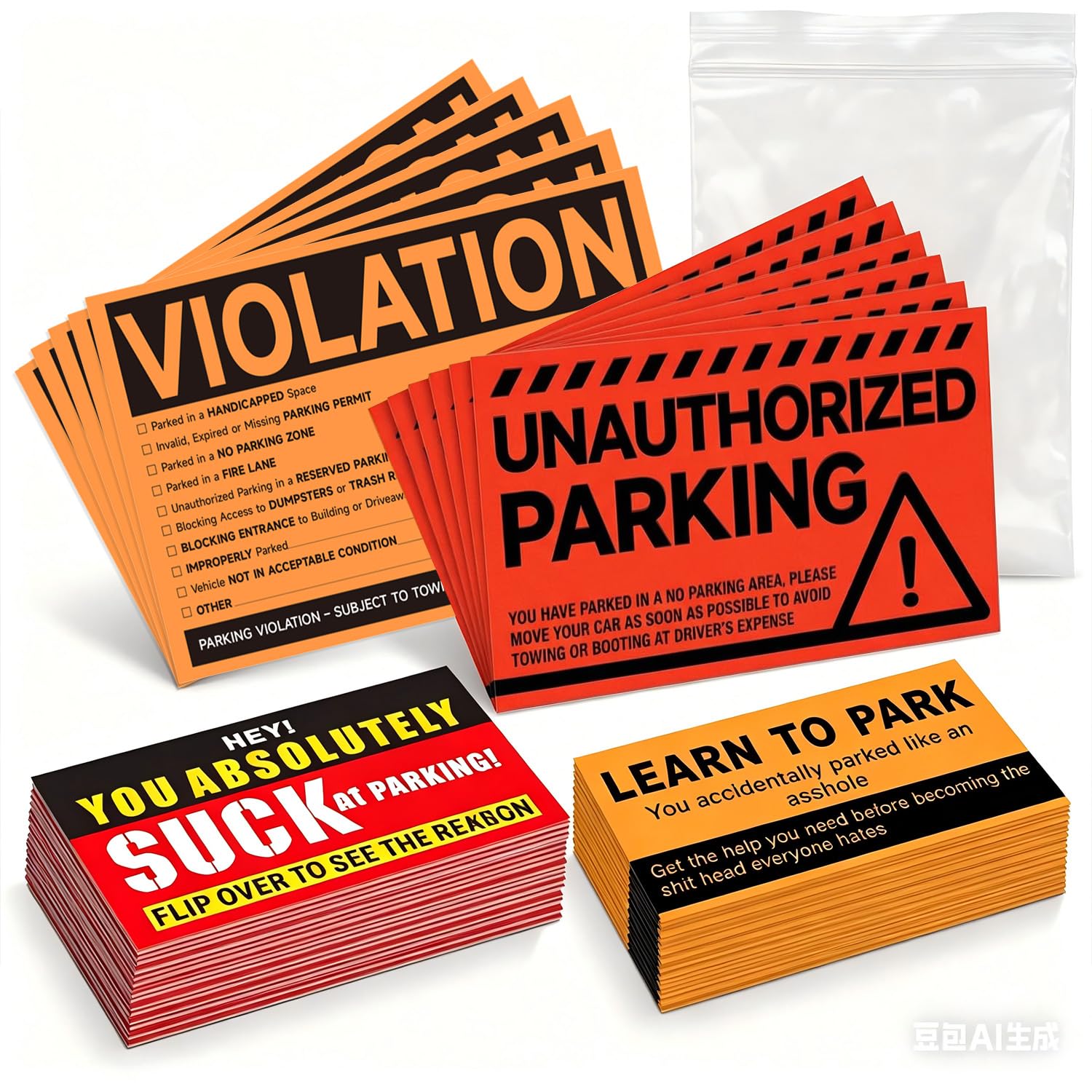 120Pcs Parking Violation Kit - Mixed Pack of 20 Hard-to-Remove Towing Stickers (Orange & Red) & 100 Funny Bad Parking Cards - High Visibility Warning Labels for Private Lots, Driveways & Pranks
