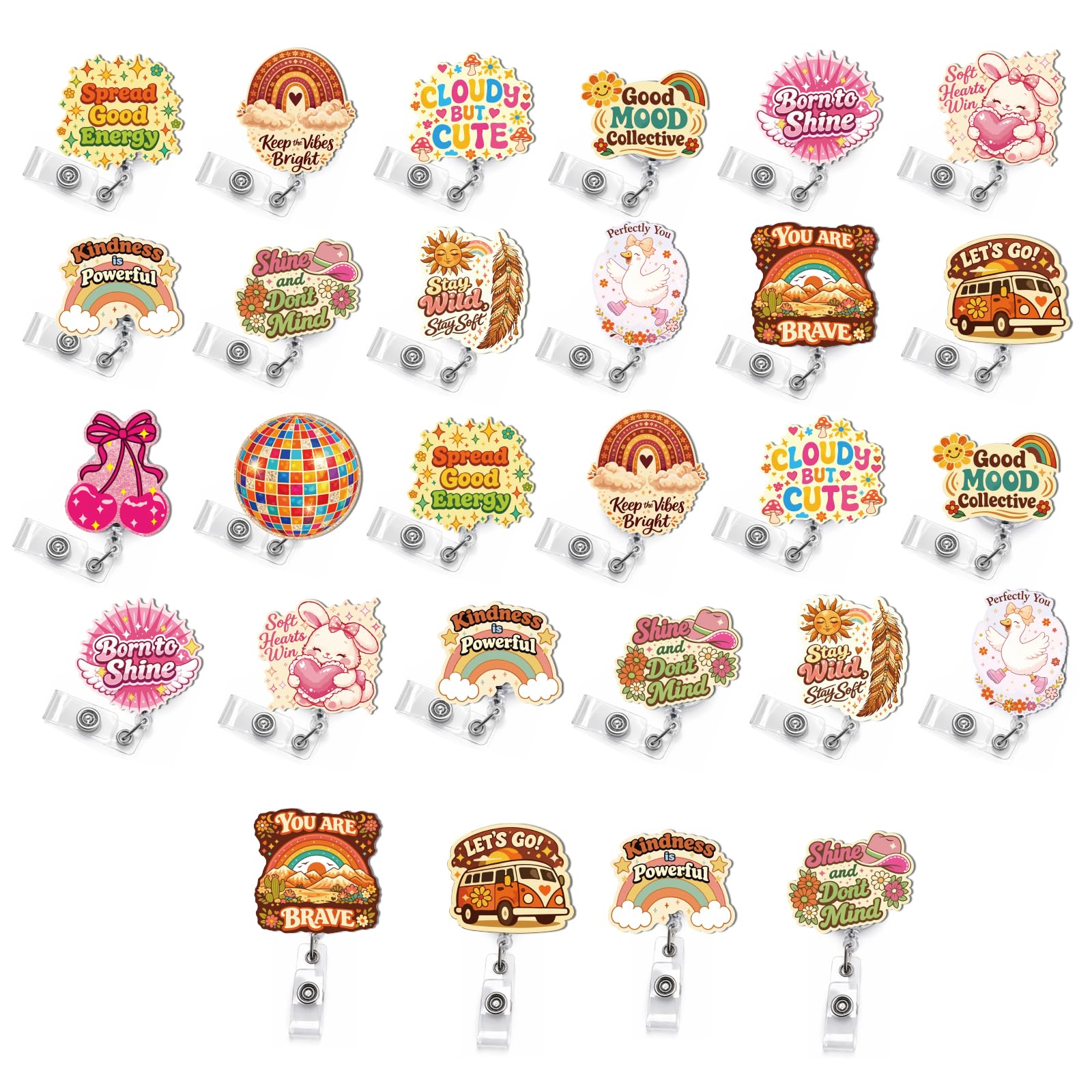 GLASSWINDS 28 Pcs Cute Retractable Badge Reels Boho Funny Name ID Clip Badge Holder for Nurse Nursing Student Medical Assistant Healthcare Worker Work Accessories Bulk Gifts