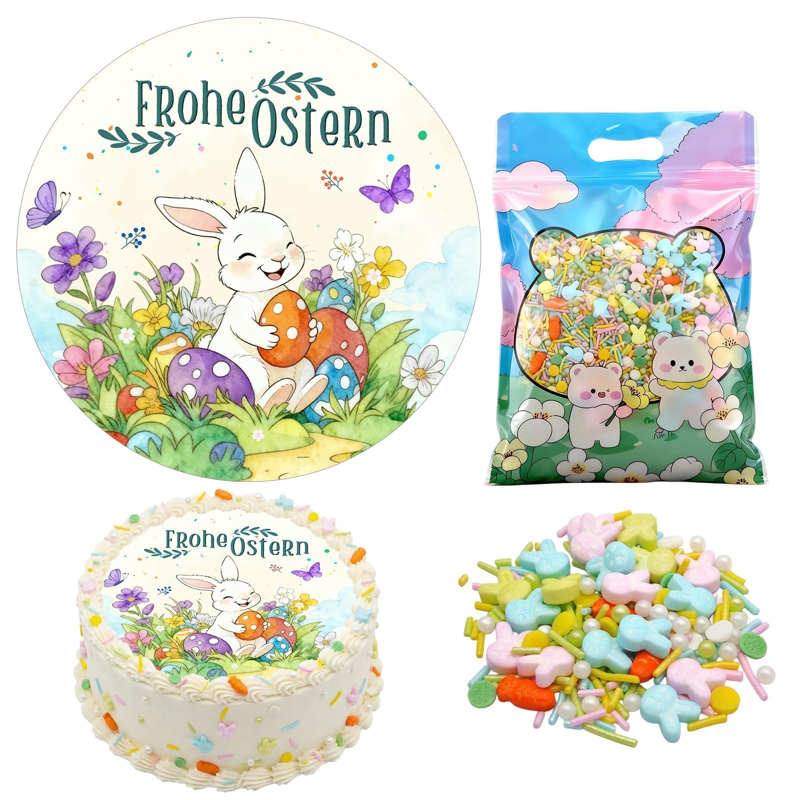 85g Zuckerdekor Ostern mit 20 cm Essbare Tortendeko Ostern, Streudeko OsternN Essbar, Osterhase Essbare Tortendeko, zum Dekorieren von Kuchen