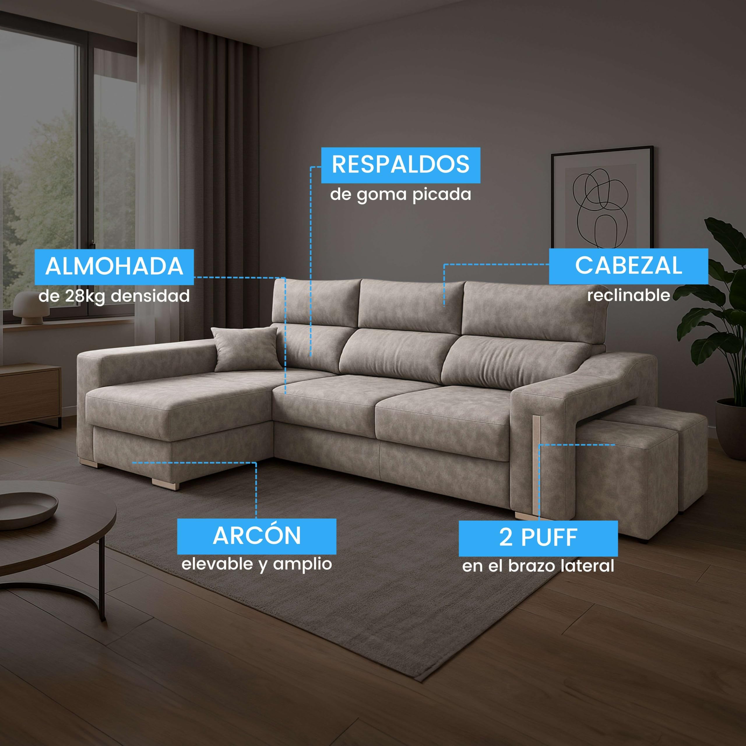 Miroytengo Sofá Chaise Longue Oscar Izquierda 3 Plazas, Arcón, 2 Puffs, Asientos Extensibles Gris Cemento 263 cm