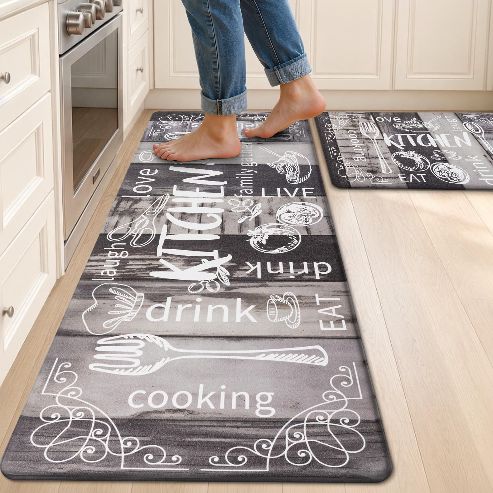 Alfombras de cocina antifatiga acolchadas HEBE, juego de 2 tapetes cómodos e impermeables