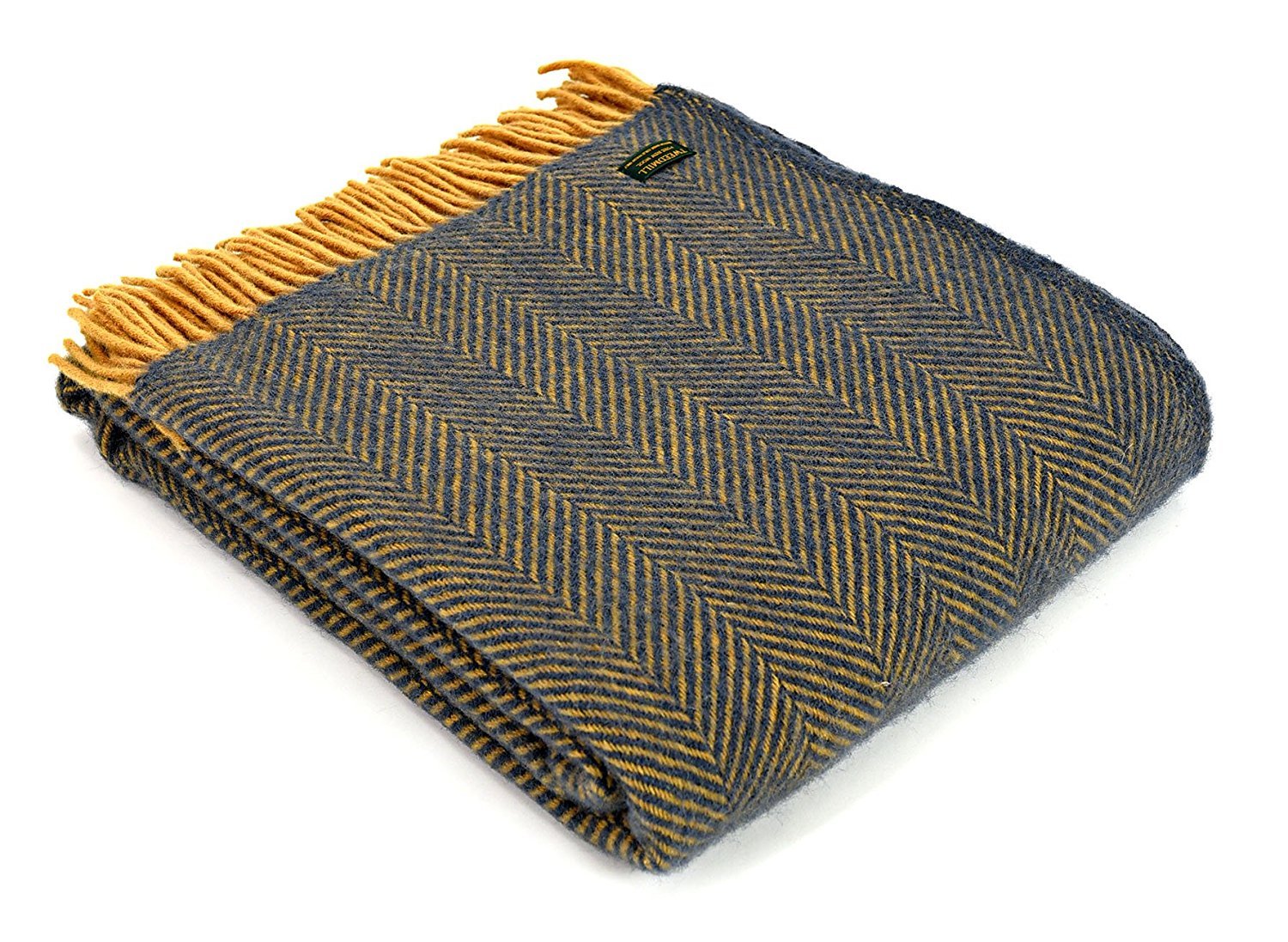 Tweedmill Textiles Blue Herringbone Pure New Wool Blanket Throw Rug - Navy/Mustard British Made