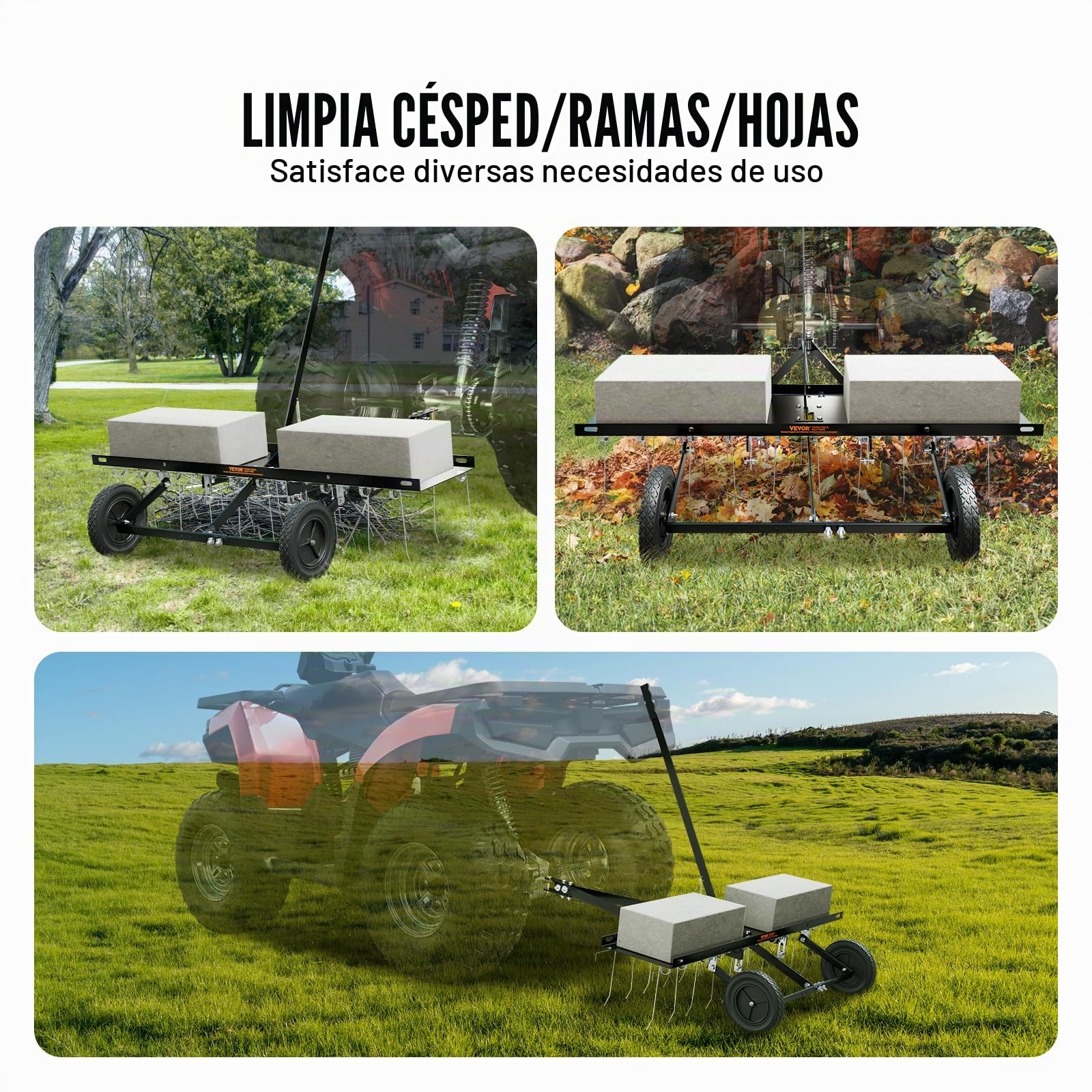 VEVOR Cortacéspedes de Remolque detrás de 1015 x 1140 x 865 mm con 20 Púas de Acero de Resorte, Rastrillo de Césped para ATV o Cortacésped, con Mango de Elevación para Césped de Granja de Jardín