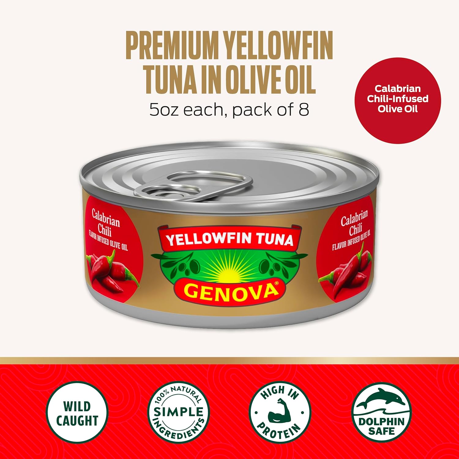 Genova Premium Yellowfin Tuna in Calabrian Chili Infused Olive Oil, 5 Ounce Cans (Pack of 12), Wild Caught Tuna, Solid Light