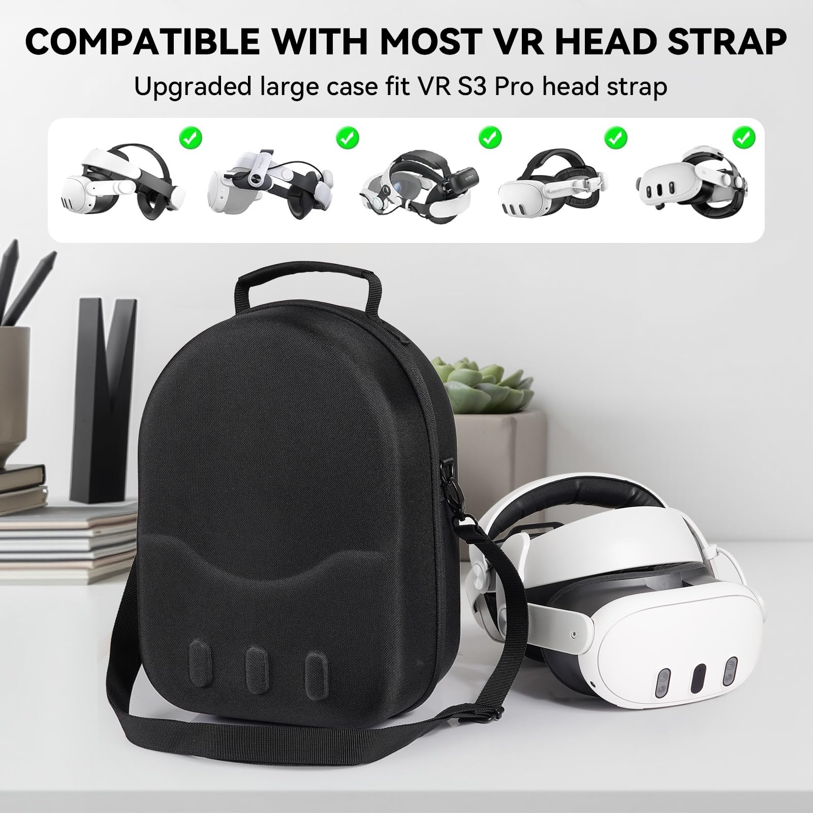 Étui de transport rigide de grande taille pour Oculus/Meta Quest 3 - Compatible avec casque VR officiel avec sangle Elite et accessoires Quest 3 VR - Étanche et sans peluches - Noir