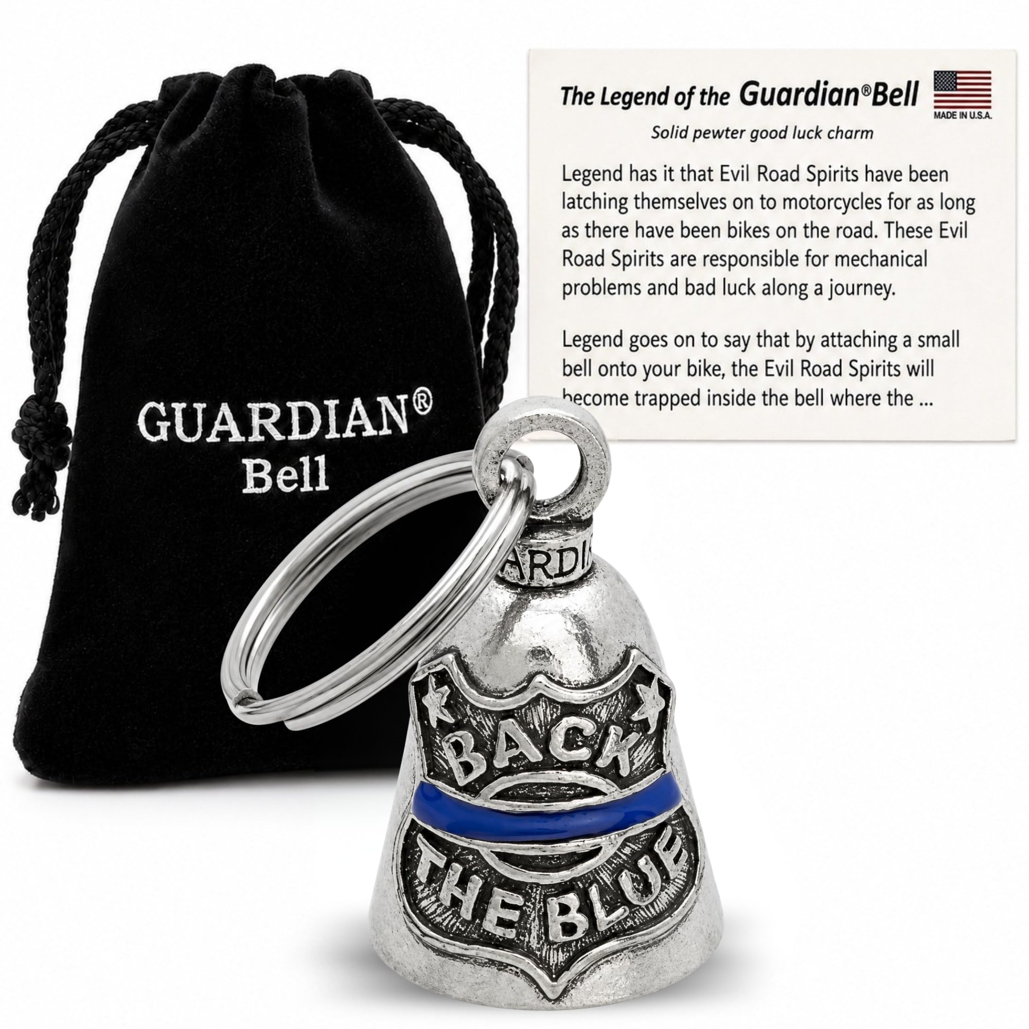Guardian Bell Back The Blue Good Luck Bell w/Keyring &amp; Black Velvet Gift Bag | Motorcycle Bell | Lead-Free Pewter | Good Luck Gift to Friends &amp; Family | Bike Bell | Made in USA