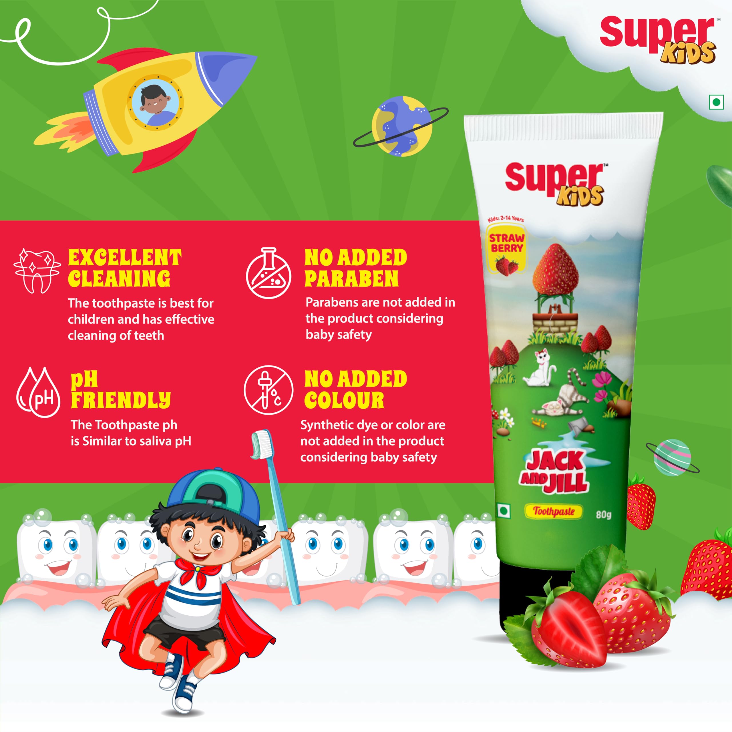 Super Kids Jack and Jill Strawberry Toothpaste for Kids 2-5 years | Baby toothpaste For Cavity Protection, Strawberry Flavoured) 50 Gm 2