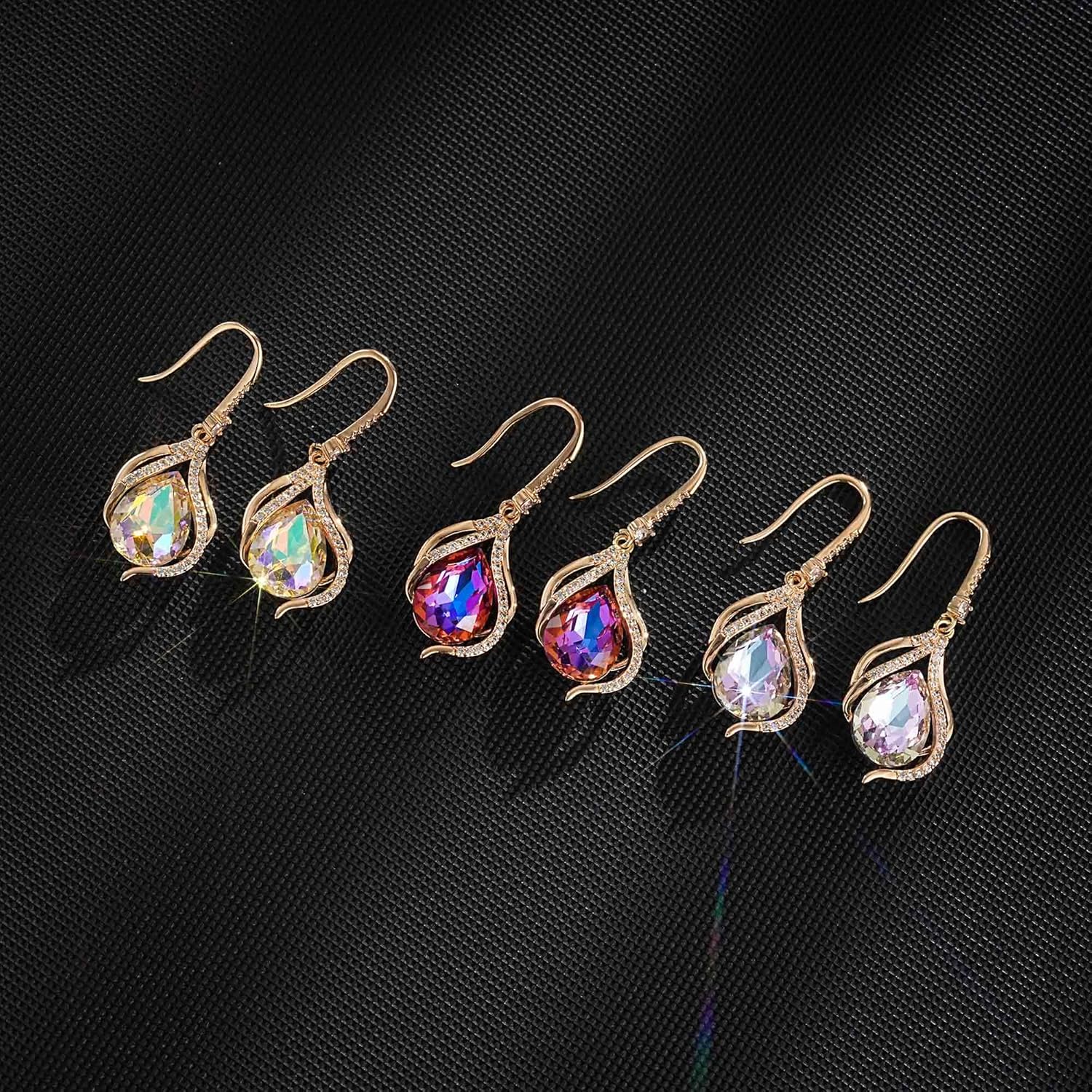 Austrian Crystal Hollow Teardrop Halo Drop Twisted Dangle Earrings for Women 14K Rose Gold Plated Hypoallergenic Jewelry