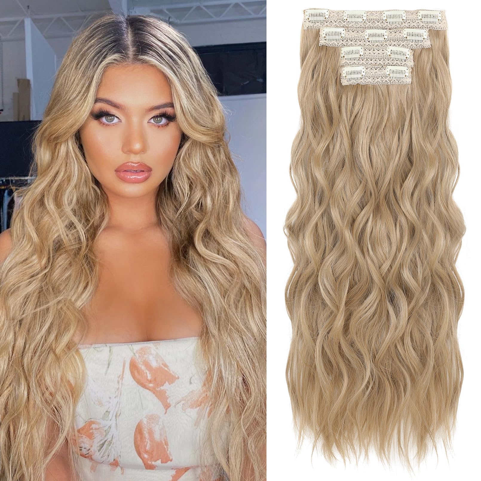 REECHO Clip in Hair Extensions, 4PCS Blonde Hair Extensions 24" Thick Long Beach Waves hair extensions HE003 Invisible Lace Weft Natural Soft Hairpieces for Women Champagne Blonde