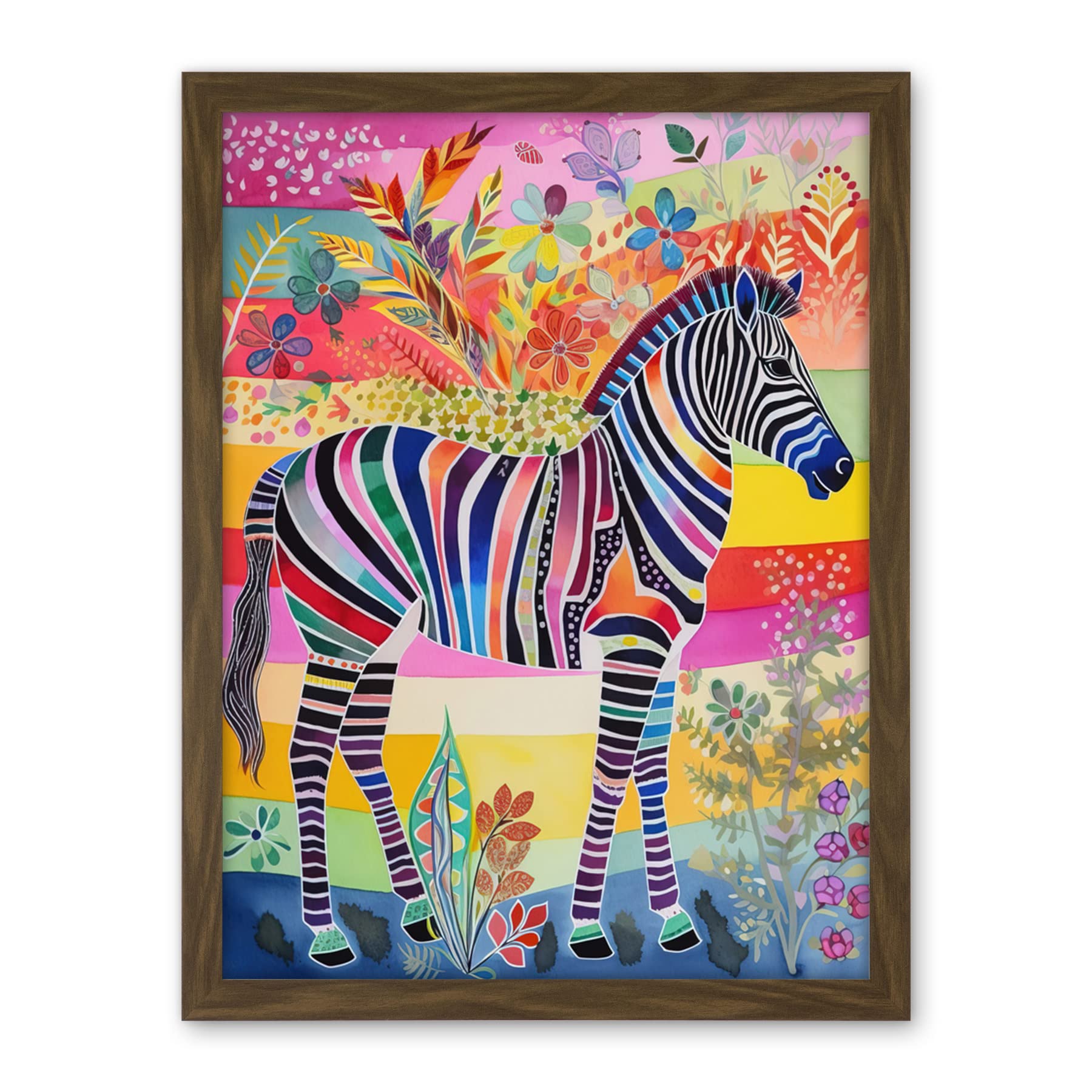 Artery8 Zebra Rainbow Floral Abstract Folk Art Artwork Framed Wall Art Print 18X24 Inch