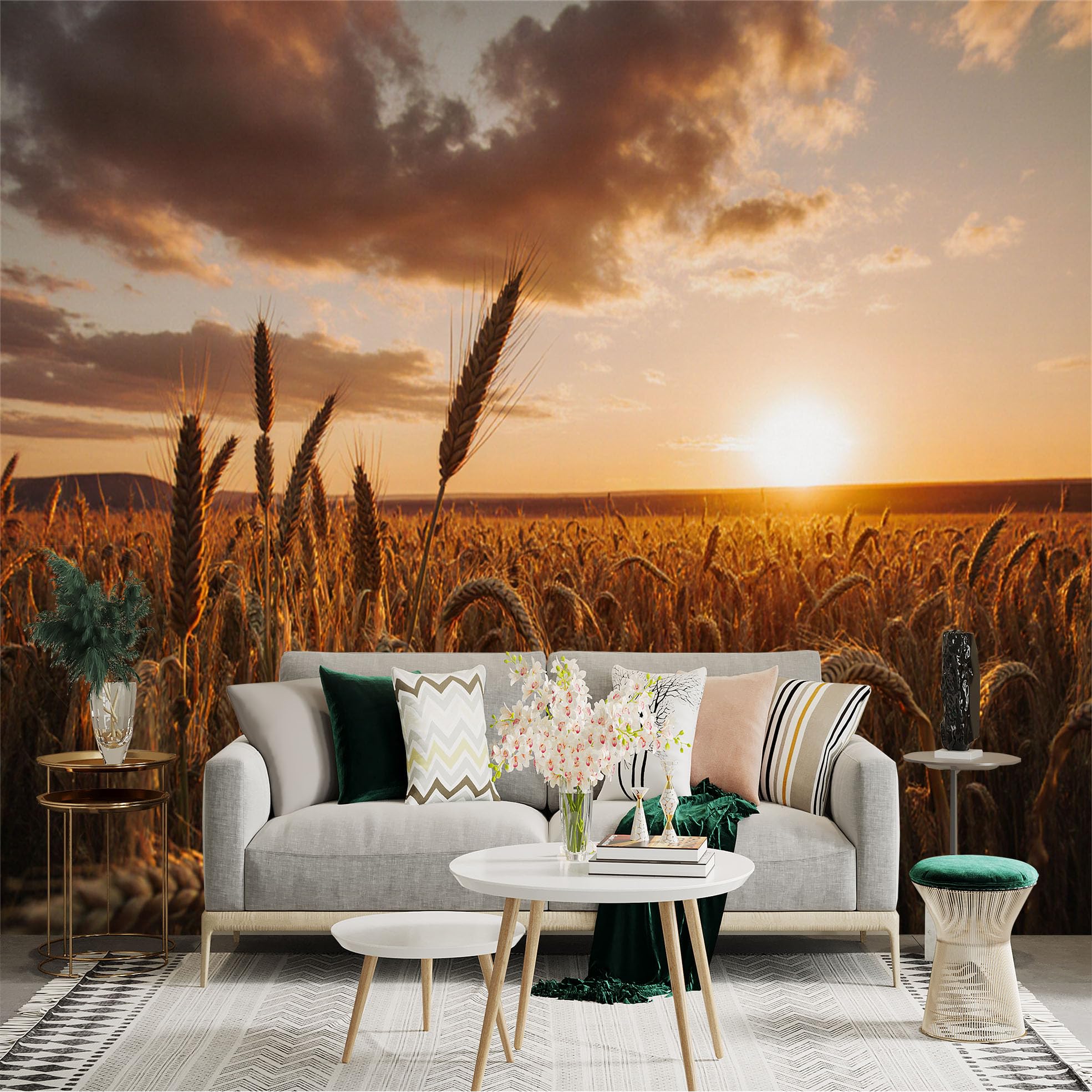 Lnzczhyre Xc260505856 Custom Size Wall Sticker Mural， Golden Wheat Field At Sunset， Rural Scenery， Warm Sunlight Over Cereal Crops， For Wall Decoration， Peelandstick Wall Decals.