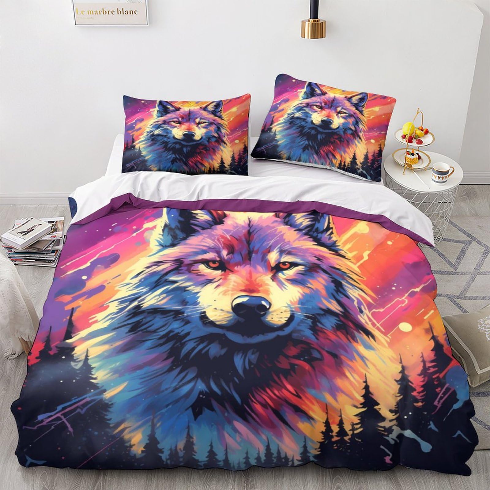 Housse de couette loup 3D King 220x240 cm parure de lit 3 pièces microfibre