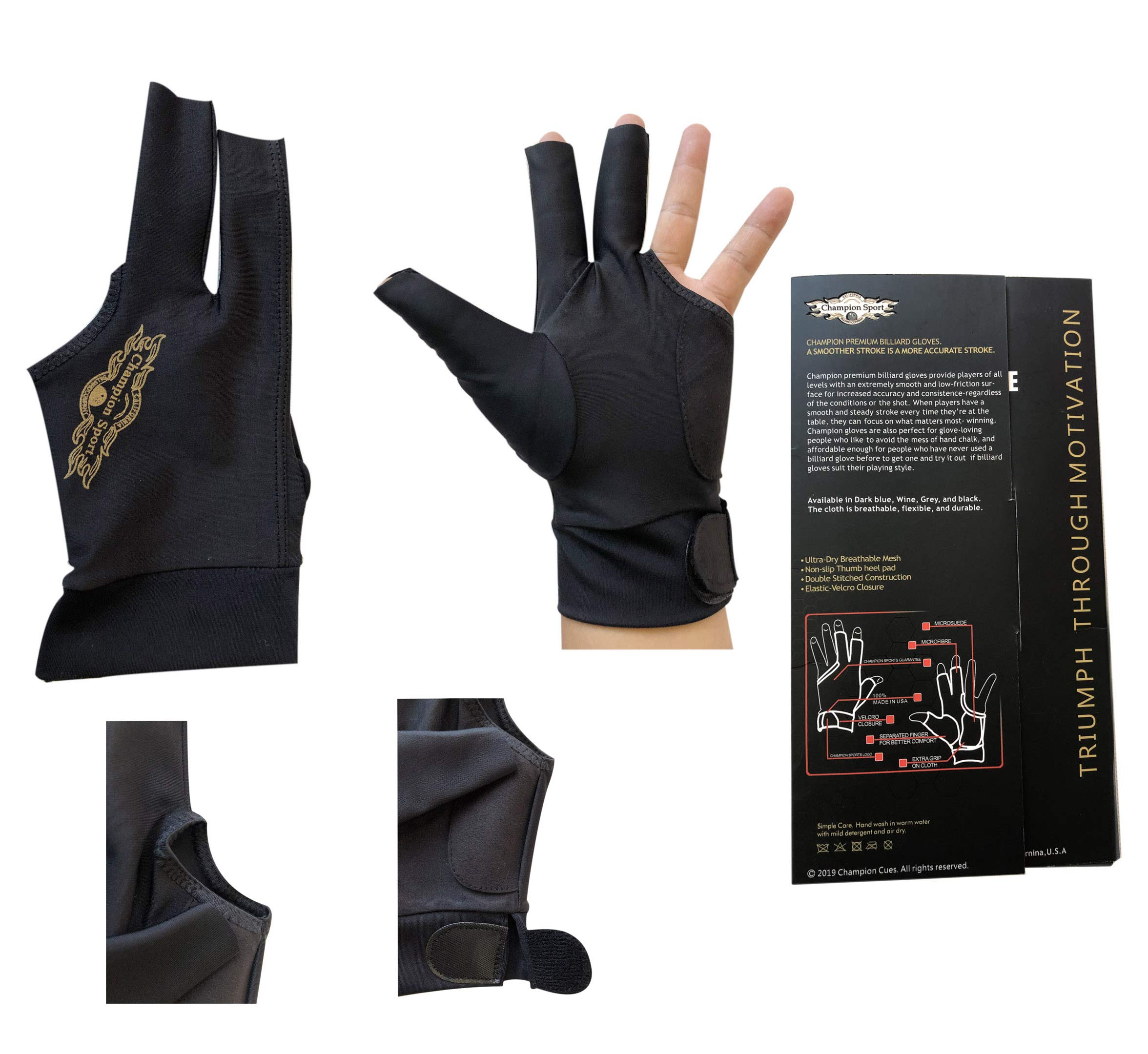 2019 Champion Cut 3 Finger Pool Cue Stick Glove- Left Hand Predator(Blue, Wine, Black)