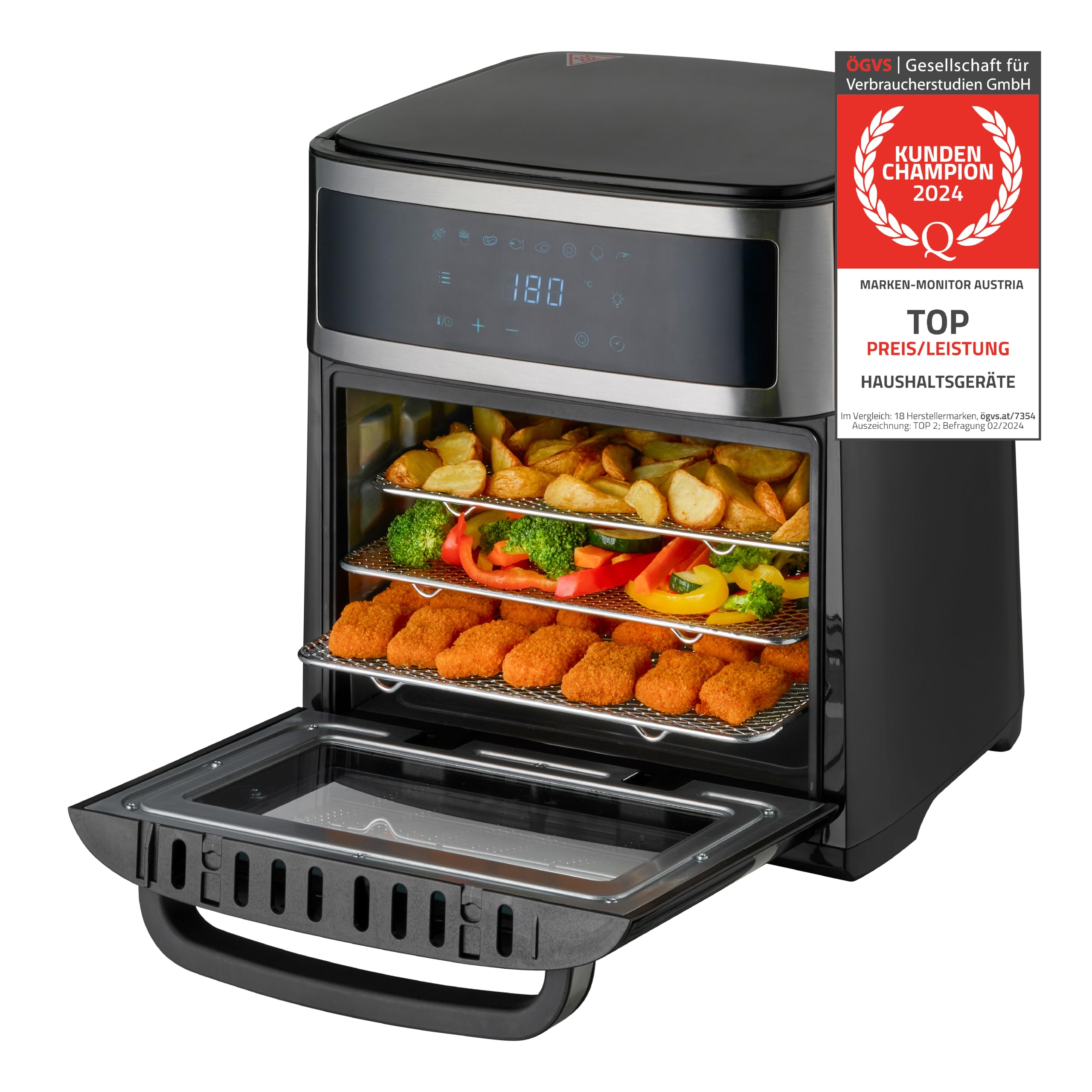 TZS First Austria Air Fryer Oven 13L | Digitalsteuerung | 8 Programme | Rotisserie | Innenbeleuchtung | 1700W | Verzinkter Garraum | 4 Einschubebenen