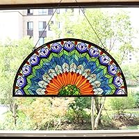 Vista 2 de Bieye W10034 Panel de ventana de vidrio manchado estilo Tiffany con forma de pluma de pavo real, colgante con cadena, 36 pulgadas de ancho