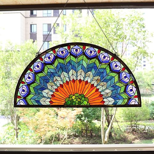 Miniatura 2 de Bieye W10034 Panel de ventana de vidrio manchado estilo Tiffany con forma de pluma de pavo real, colgante con cadena, 36 pulgadas de ancho