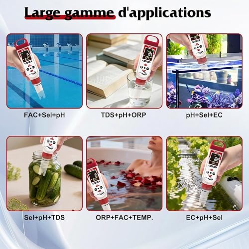 Testeur de chlore et de pH numérique, Salinomètre pour piscine, testeur d'eau 7 en 1 avec fonctions pH, ORP, chlore, EC, TDS,sel et température pour piscine, spa et eau potable - 4