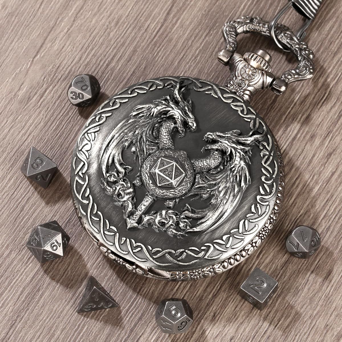 Mini DND Dice Set including Wand and Double Dragon Head Pocket Watch Shell Case, DND Starter Set - Image 4