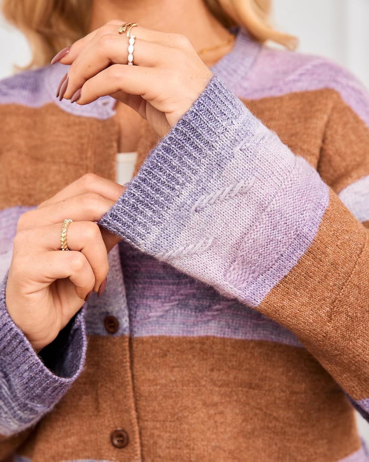 Womens Striped Cardigan Sweaters Crew Neck Button Down Color Block Fuzzy Loose Knit Coats - Image 8