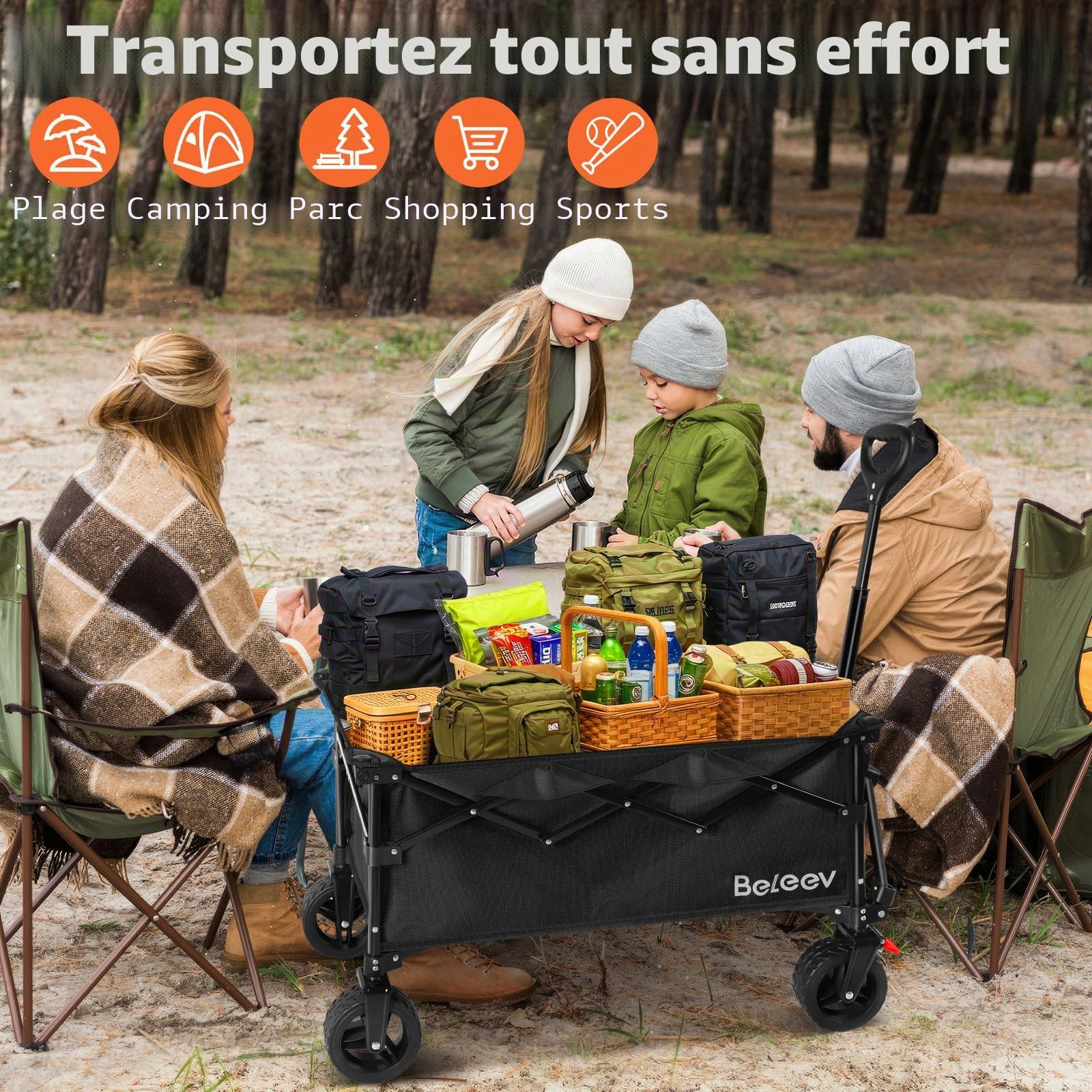 BELEEV 130L Chariot Pliable avec Freins, Chariot de Plage 6inch Roues Tout Terrain, Poignée Réglable, Grande Capacité 100KG pour Extérieur Camping Festival, BBQ, Pique-Nique, Camping, Jardin