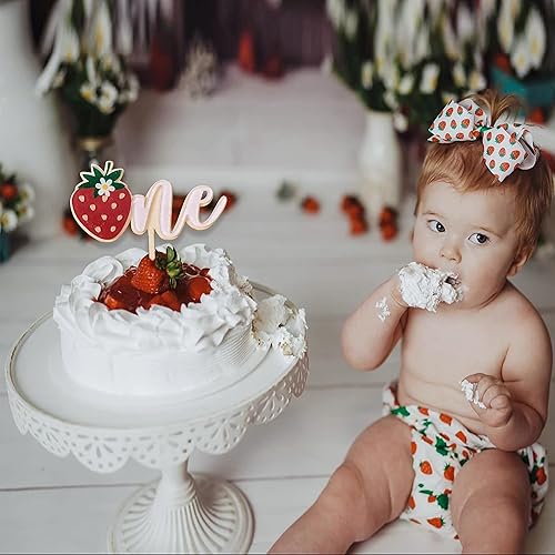 Miniatura 3 de Decoración para pastel de madera de fresa, decoraciones de acrílico para fiestas temáticas dulces, suministros de primer cumpleaños, adornos de