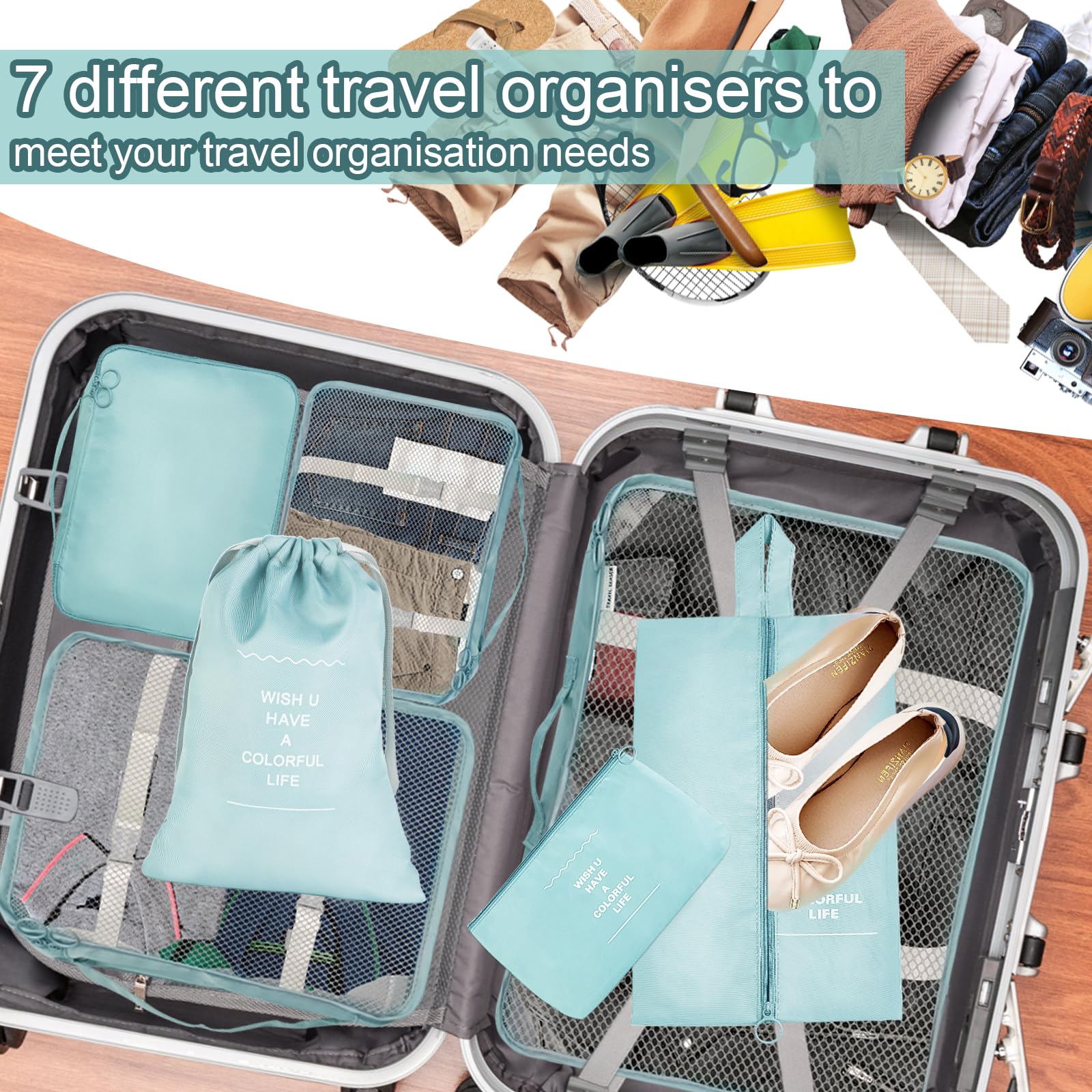 Organizer Valigie, 7 Pezzi Sistema di Cubo di Viaggio, organizzatori valigia viaggio, organizer valigia salvaspazio, per Vacanze e Viaggi, Organizer Valigie Set, Viaggio Accessori Utili