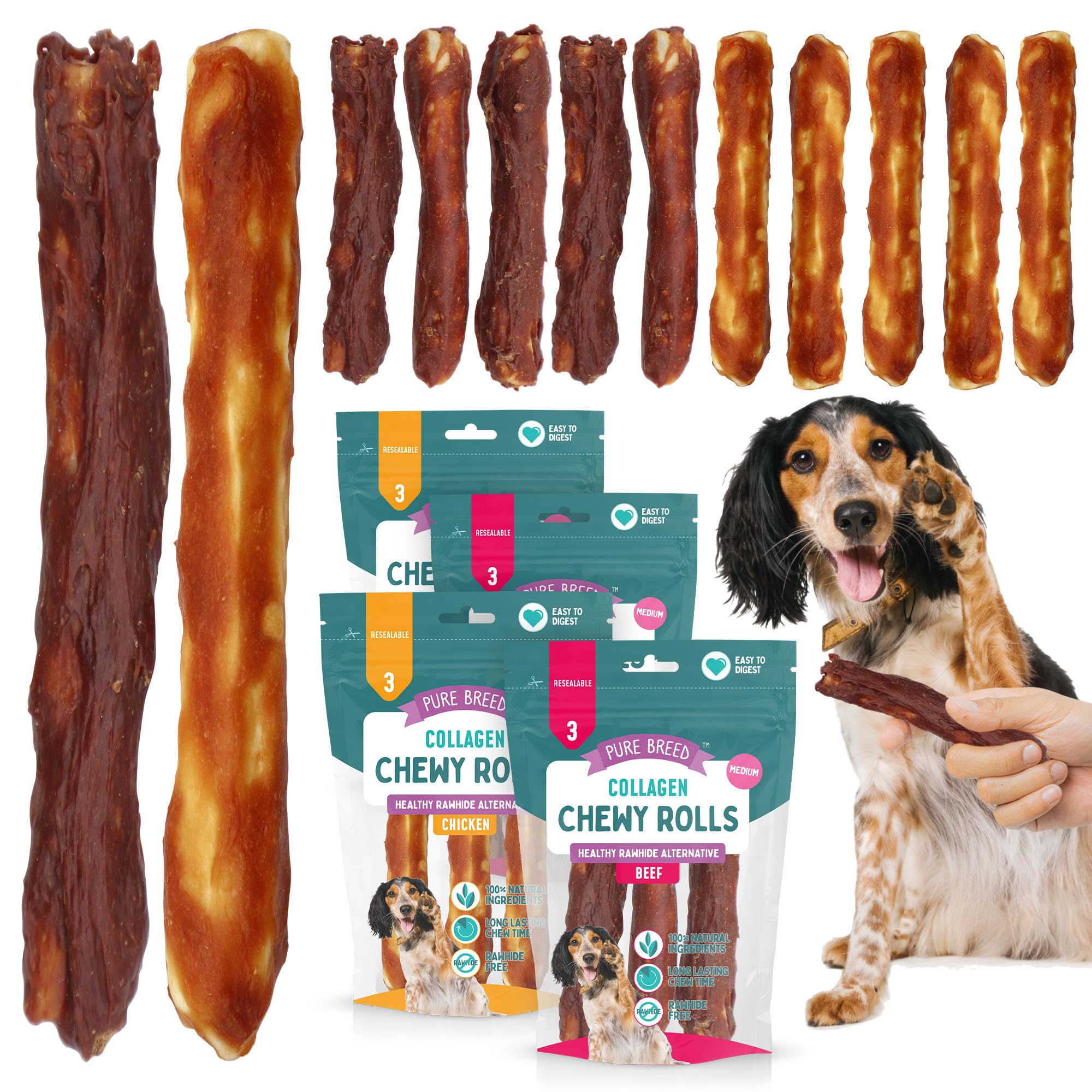 SOL 12pk Medium Collagen Chewy Rolls Long Lasting Dog Chews for Puppies & Adults, 12cm of Assorted Beef & Chicken Flavour, Savoury Training Treats, Chews for Boredom Relief, Resealable Pack (4 x 3pk)