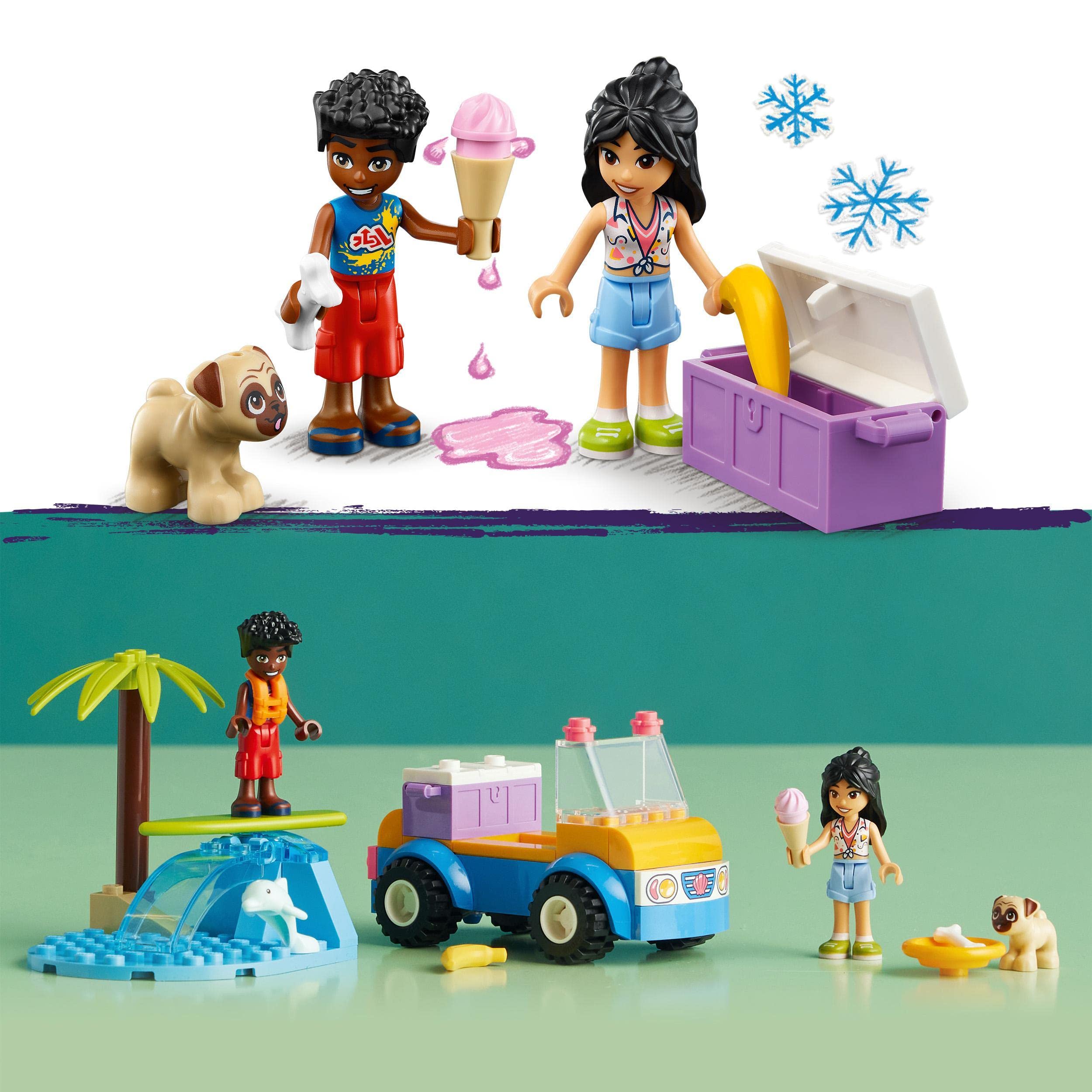 LEGO Friends Divertimento sul Beach Buggy con Macchina Giocattolo, Tavola da Surf, Mini Bamboline, Delfino e Cane, Giochi Estivi per Bambini e Bambine dai 4 Anni 41725