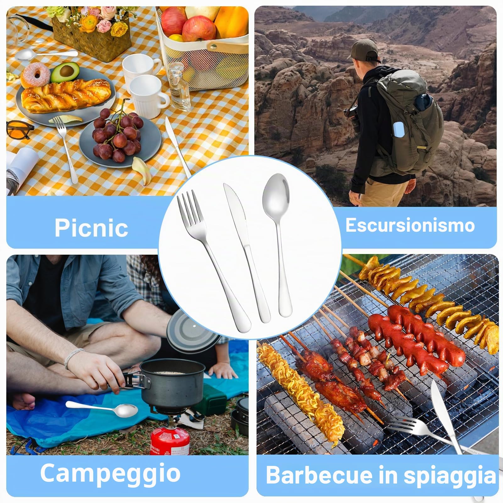 KITDAHOM Set di posate da viaggio - 3 pezzi in acciaio inox portatile - ideale per viaggi, campeggio, picnic, ufficio e uso quotidiano