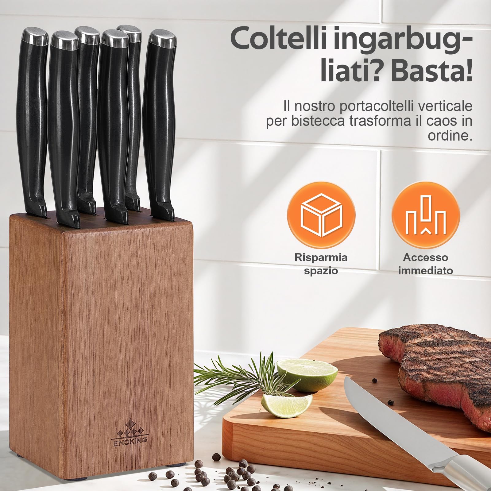 ENOKING Ceppo Coltelli da Cucina, Porta Coltelli Cucina da Bistecca a 6 Scomparti, Portacoltelli da Cucina in Legno di Acacia, Ceppo per Coltelli Bistecca Vuoto - Design Compatto e Salvaspazio