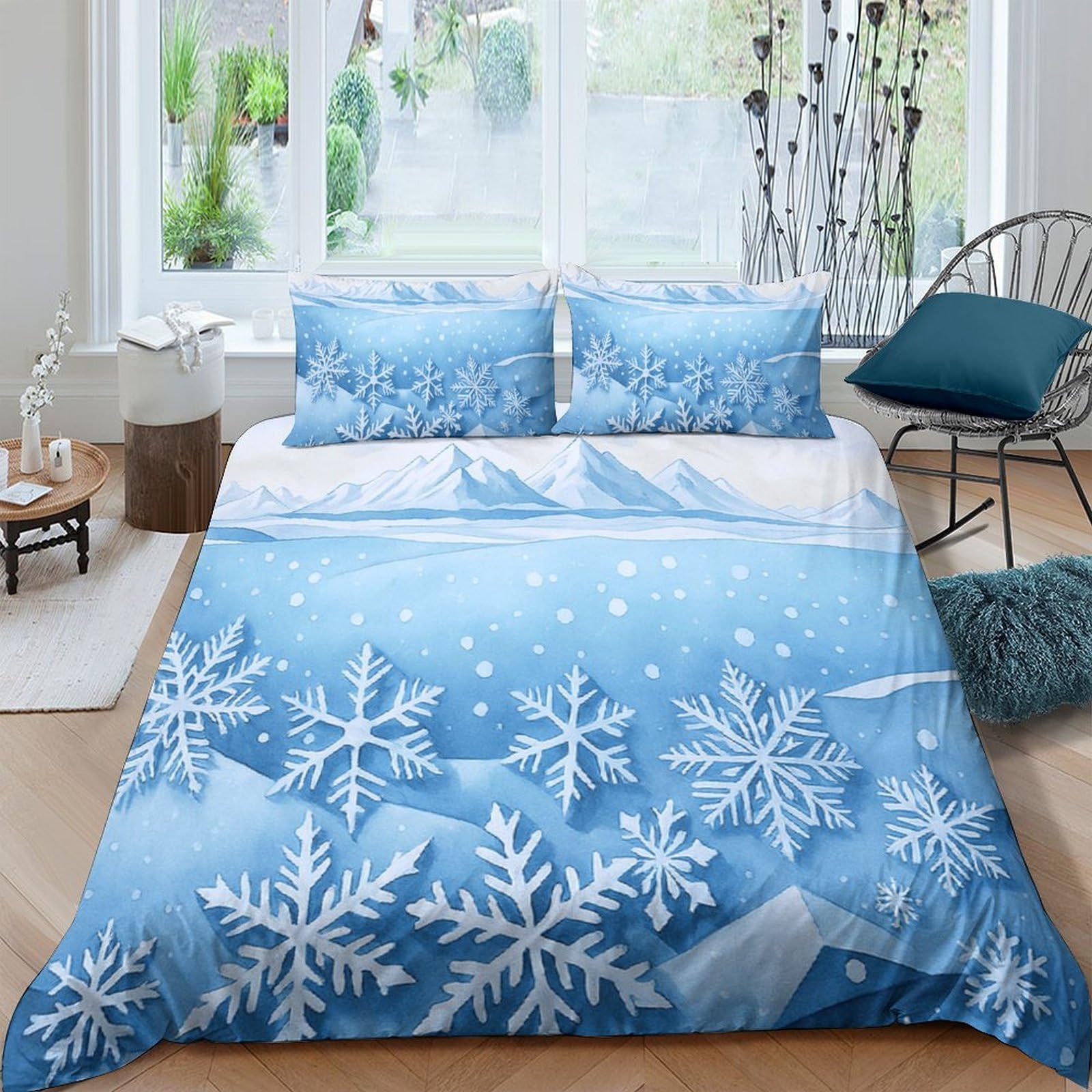 Ctjqhvkz Style-4 3D Printed Blue Snowflake Fitted Sheet Microfiber Soft Anti-Slip Winter Ice Crystal Bed Sheet For Bedroom Guest Room Decor Single（135X200cm）