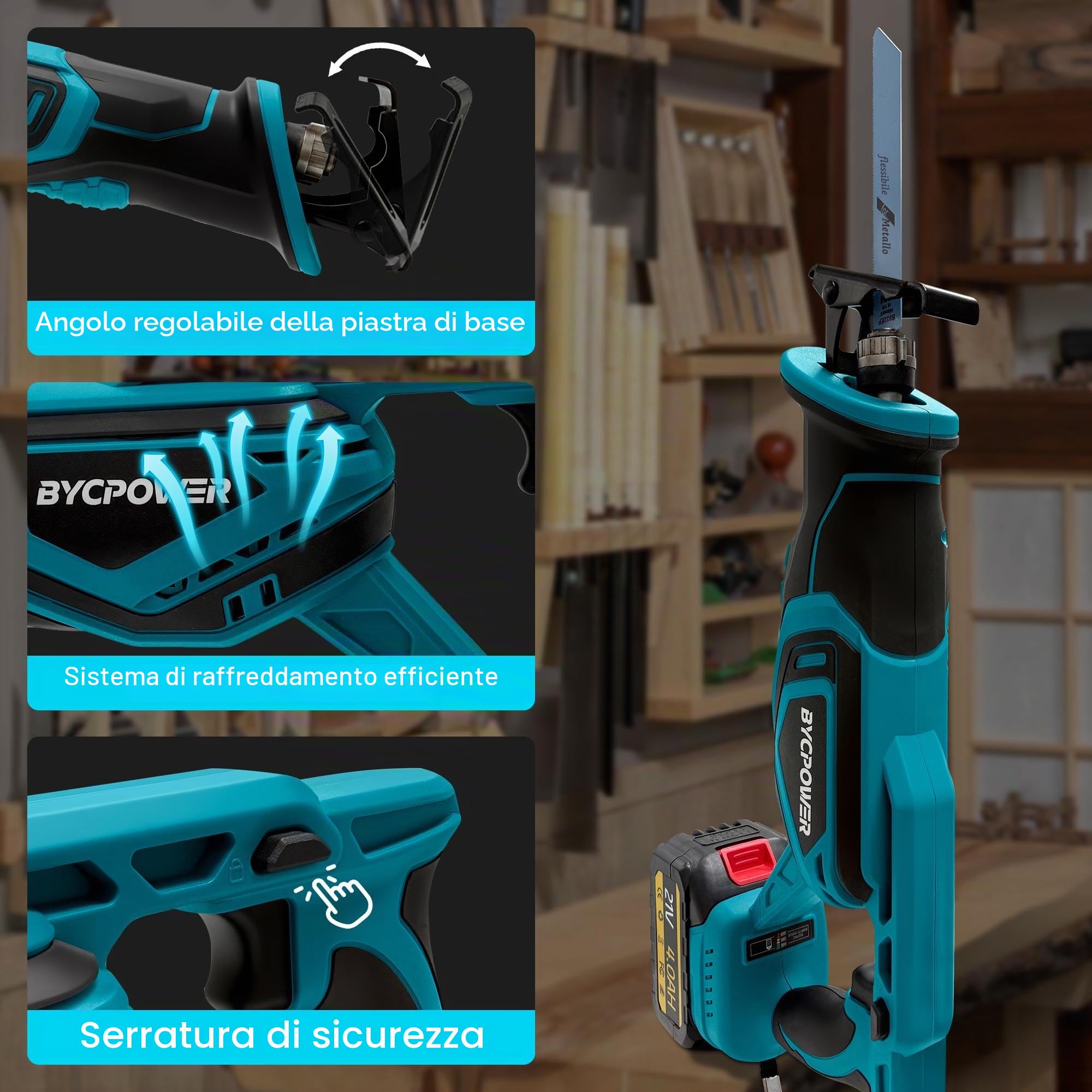 Sega a sciabola a batteria compatibile con batteria Makita LXT-18V (senza batteria), motore senza spazzole, altezza di sollevamento 22 mm, max. 3000 giri/min, con 4 lame per sega a sciabola per legno
