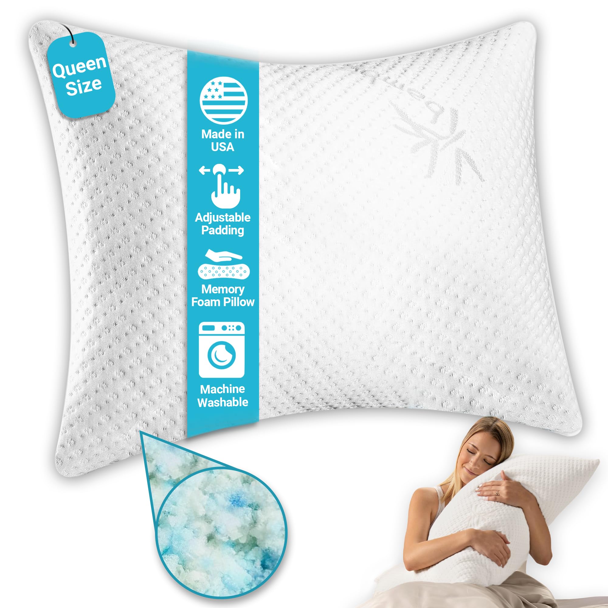 Xtreme Comforts Shredded Memory Foam Pillow- Allergy-Friendly & Cooling Pillow Cover for Side, Back & Stomach Sleepers- Machine Washable - Foam Pillows for Sleeping & Neck Pain Relief (Queen)