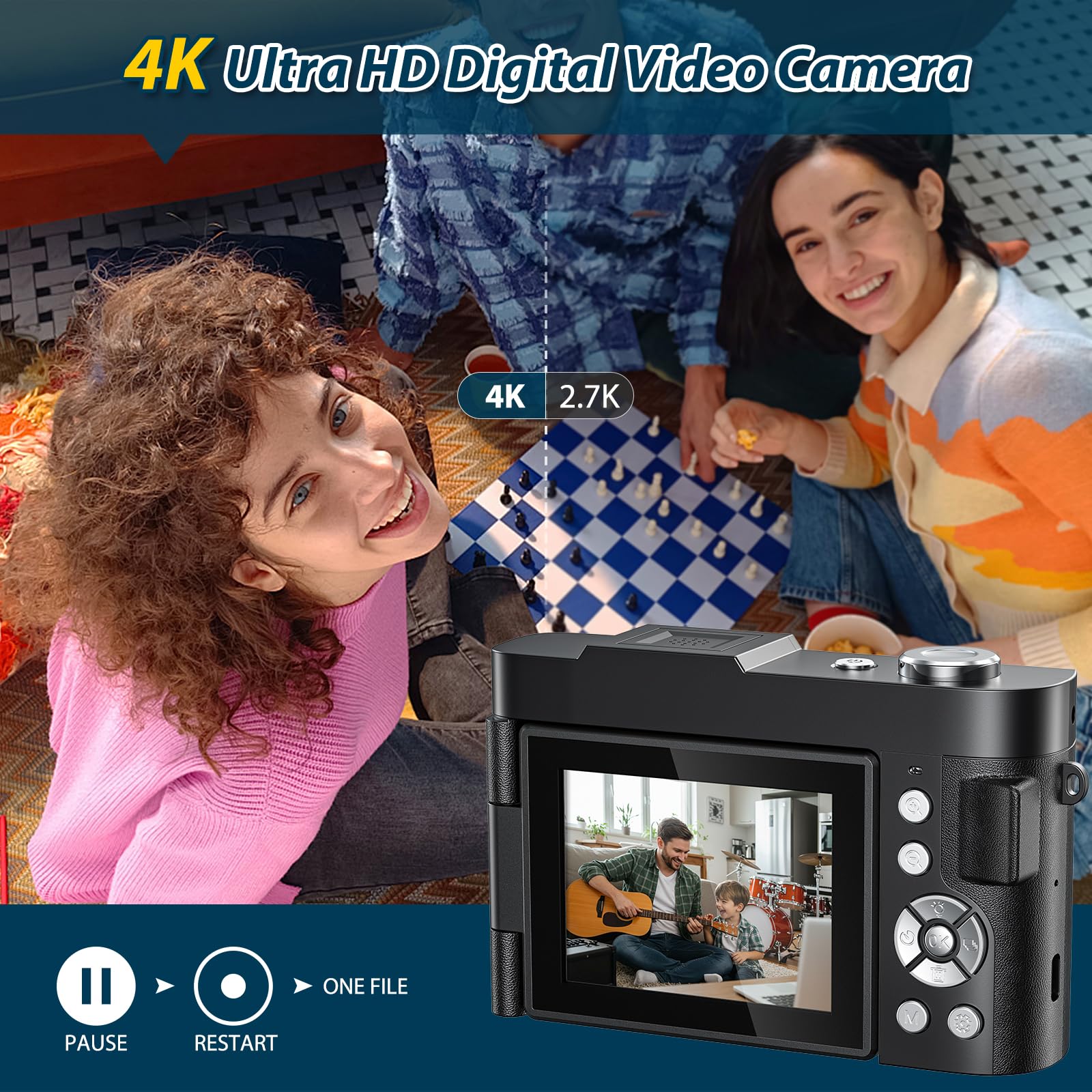Cámara Digital 4K 50MP Cámara de Fotos Zoom Digital 16X Cámara Fotográfica 2.8" 180 ° Flip Pantalla Vlogging Cámara Compacta con Tarjeta De 32 GB para Principiantes Adolescentes