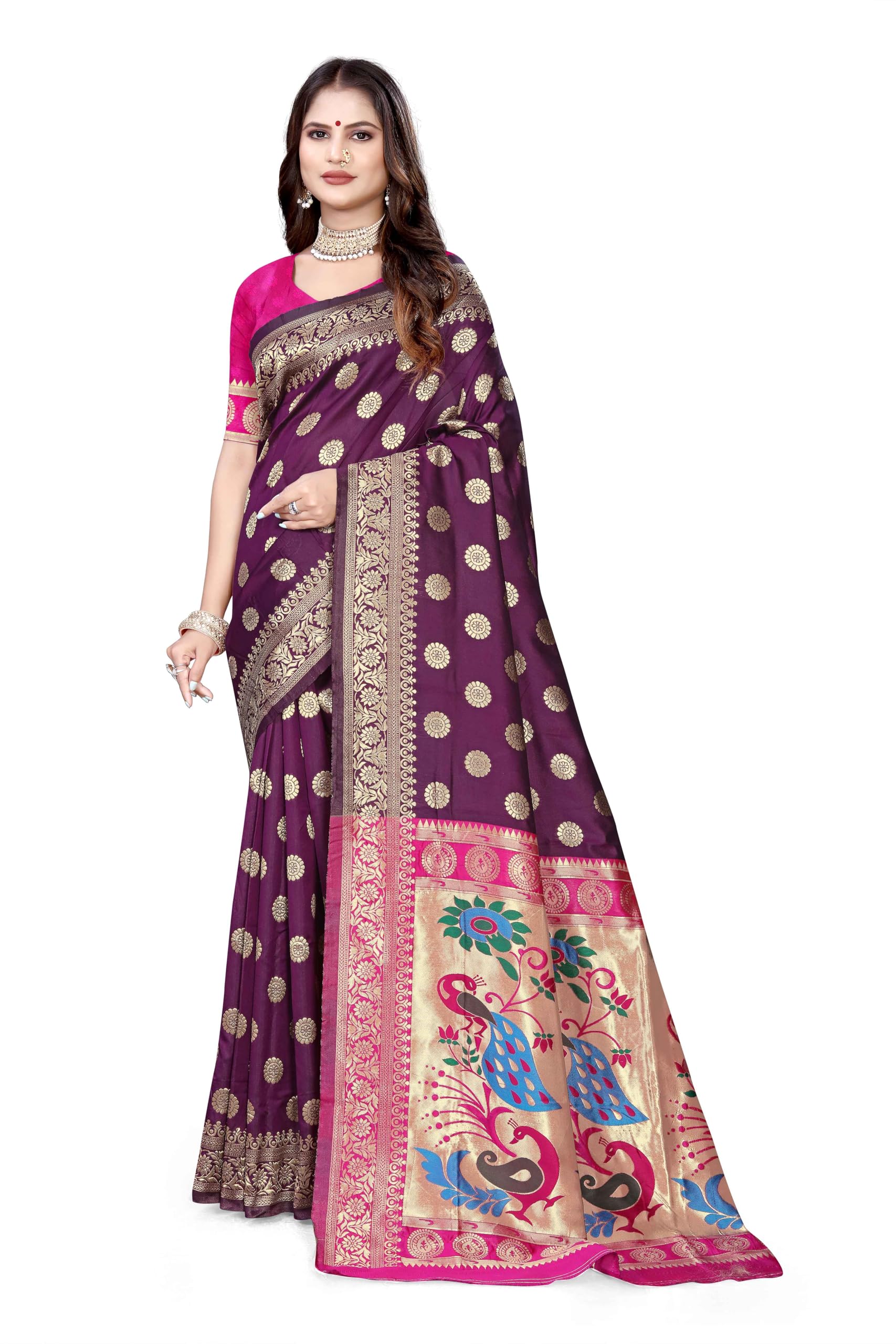 Women's Banarasi Saree Pure Paithani Kanjivaram Silk Soft new ladies 2024 Design Wear Pattu Sarees Latest Cotton Party Sari collections With Blouse Piece for Wedding sadi (PARI-207)