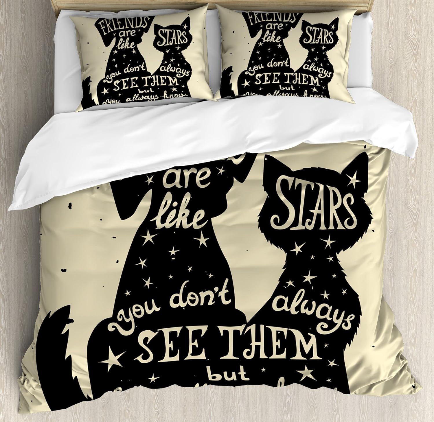 🔥 Flash Sale Ambesonne Inspirational Duvet Cover Set, Cat and Dog Silhouettes with Friendship Themed Phrase and Stars Grungy Display, Decorative 3 Piece Bedding Set with 2 Pillow Shams, Queen Size, Black Tan Best Deal 🛒 Ambesonne Inspirational Duvet Cover Set, Cat and Dog Silhouettes with Friendship Themed Phrase and Stars Grungy Display, Decorative 3 Piece Bedding Set with 2 Pillow Shams, Queen Size, Black Tan