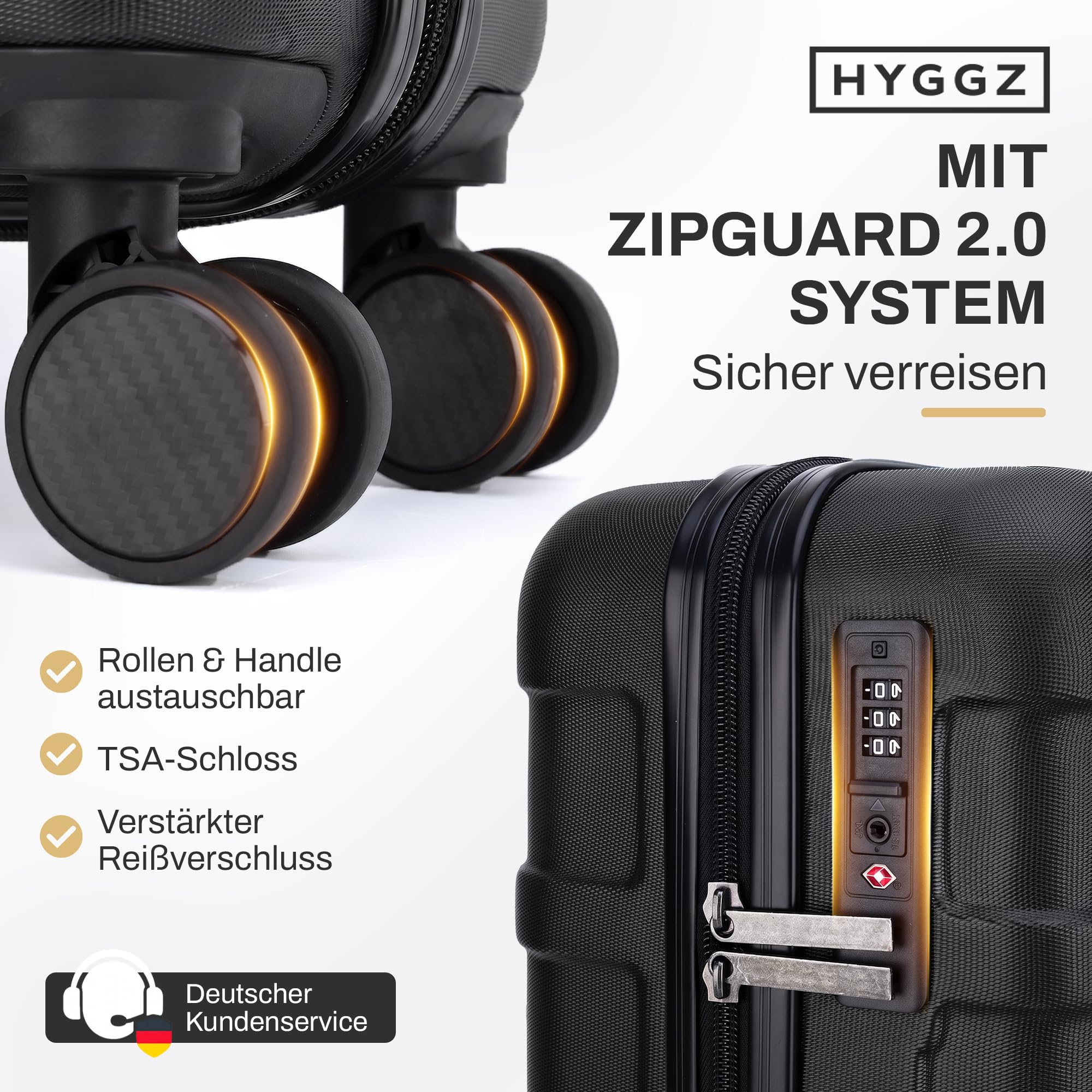 Trolley Handgepäck Koffer 55x40x20cm, Hartschalenkoffer klein mit TSA Schloss und sanften 360° Rollen, 36L Volumen, passend für Lufthansa, Ryanair und Eurowings, All Black (Schwarz)