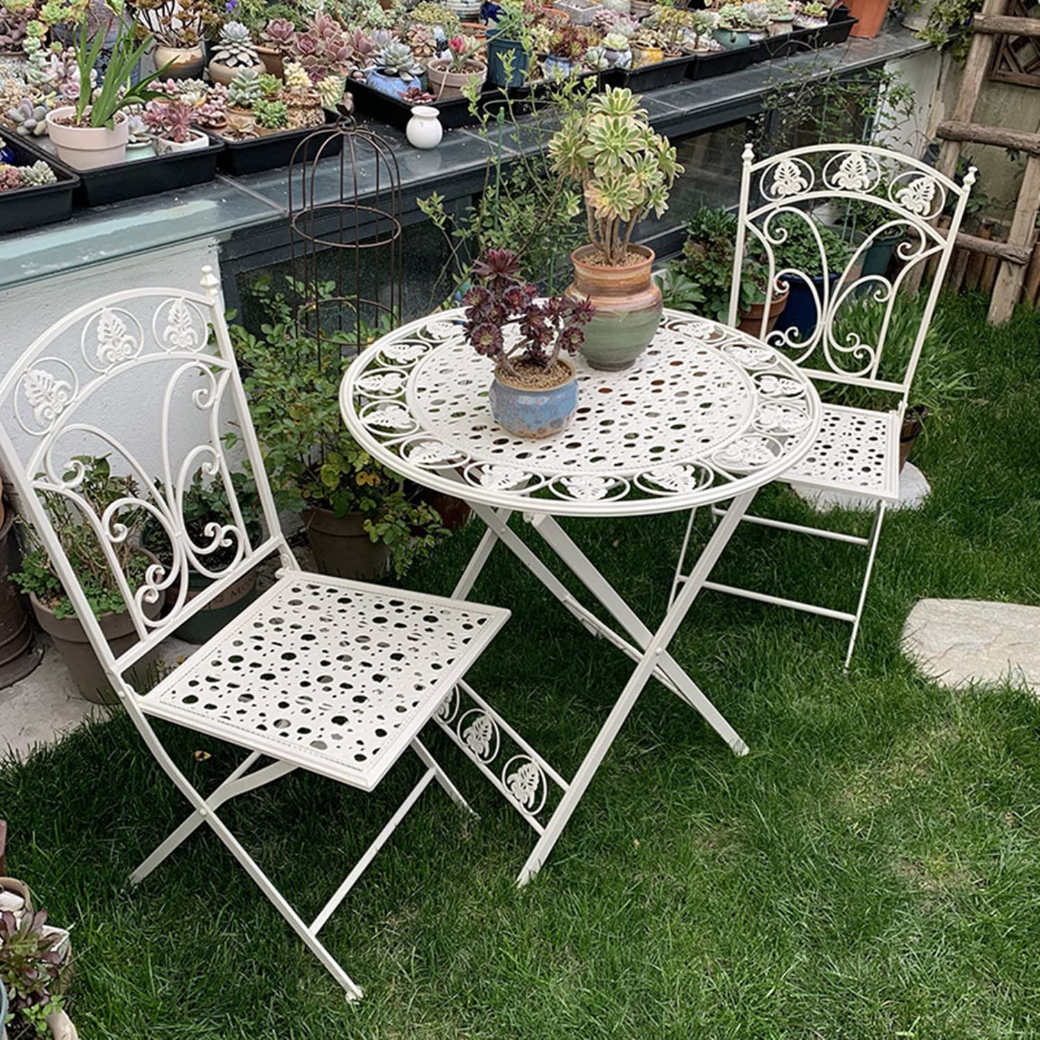 Ensemble de bistrot Rustique en métal Blanc, intérieur/extérieur, 3 pièces, Tables d'appoint Pliantes et 2 chaises d'extérieur, Tables Basses en métal forgé, Tables