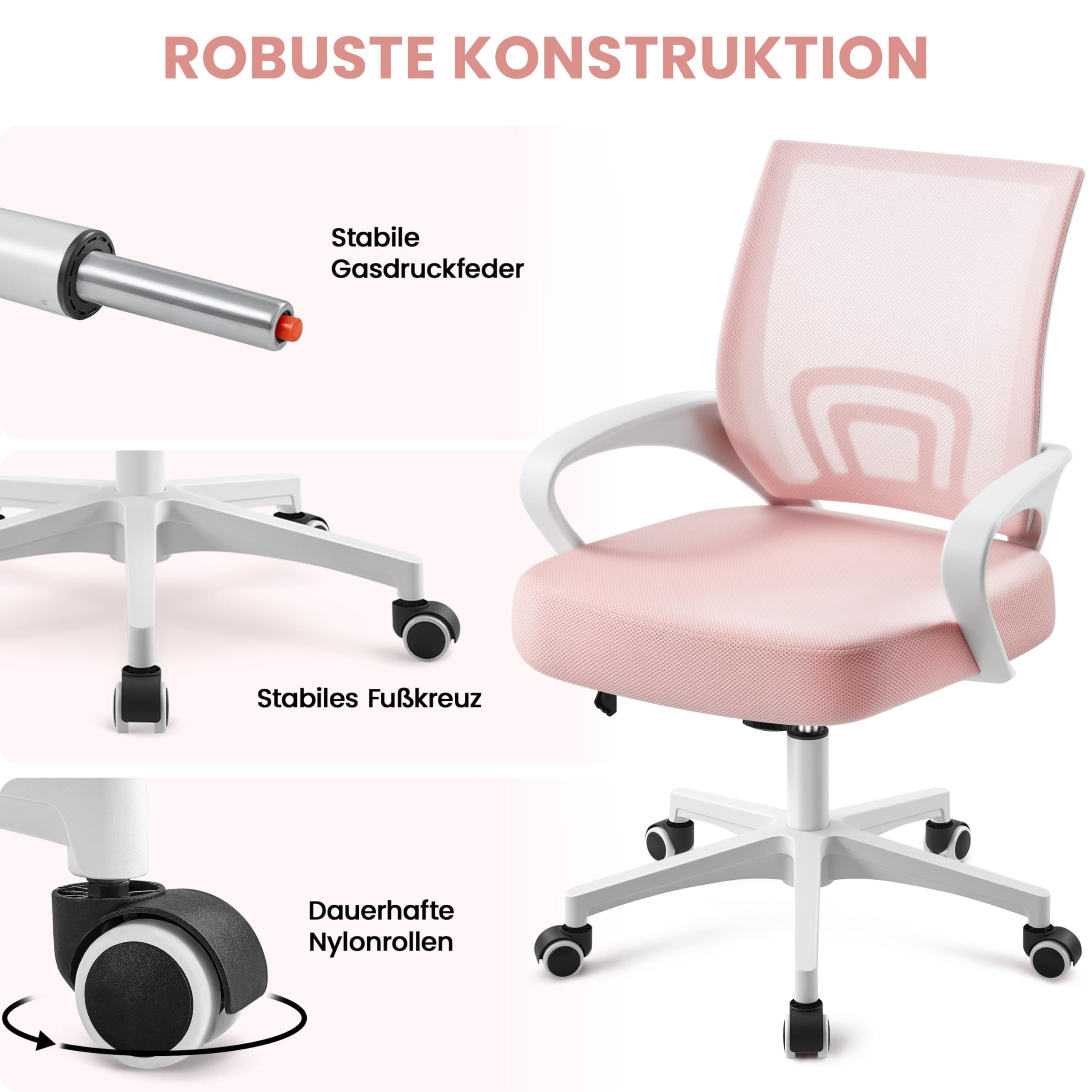 Yaheetech Bürostuhl Ergonomisch, Schreibtischstuhl mit Netzbespannung und Armlehnen, Drehstuhl aus Mesh, Chefsessel Wippfunktion, Höhenverstellbar Rückenschonend bis 136kg Belastbar, Rosa