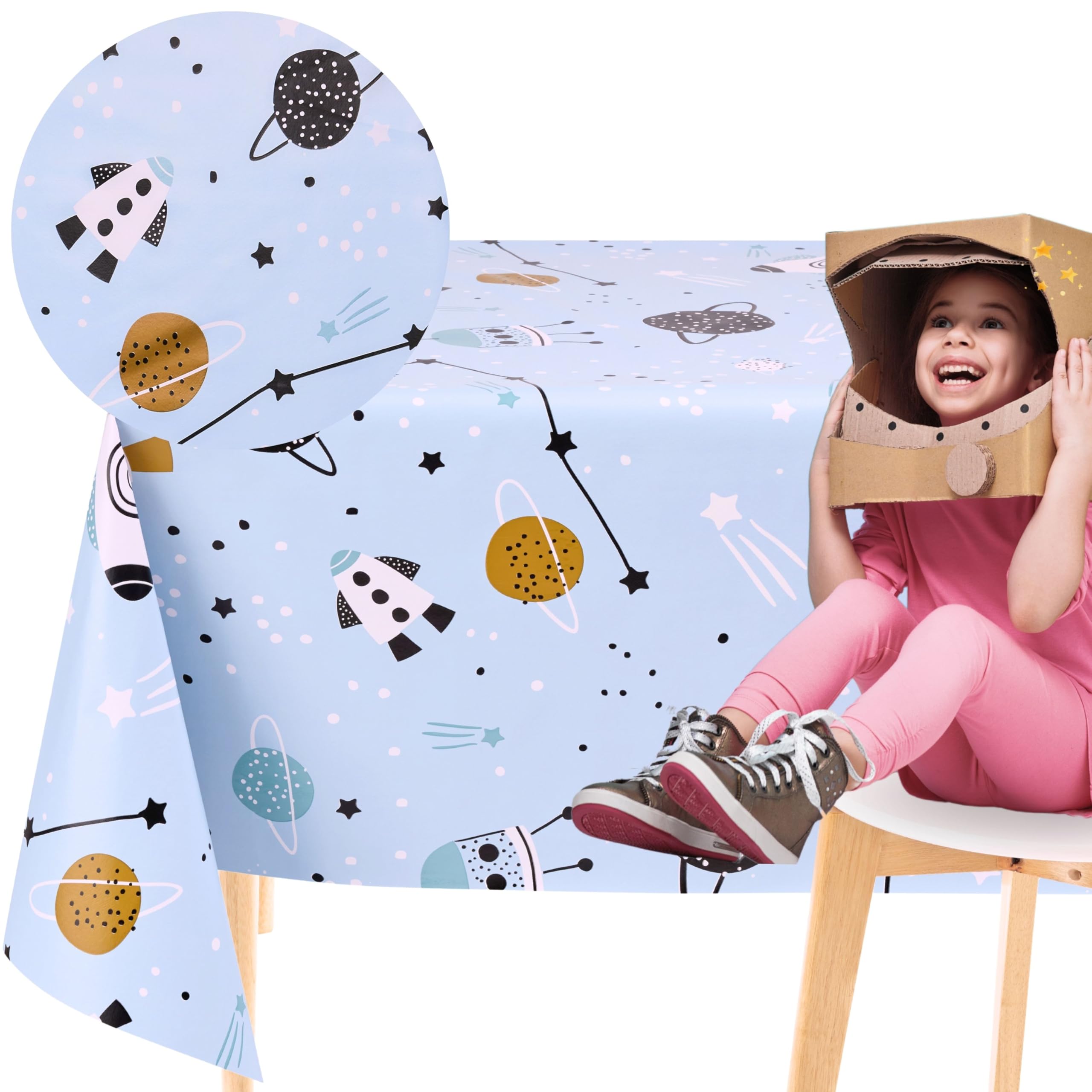 KP HOME Blue PVC Table Cloth Wipe Clean Tablecloth for Kids - Rectangular 78.7"x 55.1" - 200x140cm Waterproof and Wipeable Plastic Table Cover in Space Rocket Pattern for Children - Indoor Vinyl Oil