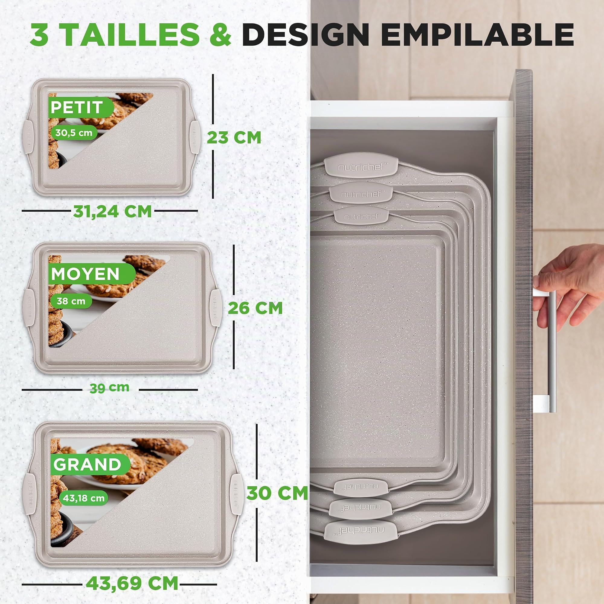 NutriChef Set de 3 Plaques à Pâtisserie Antiadhésives pour Biscuits - Poêles en Acier au Carbone de Haute Qualité avec Poignées en Silicone Noire - Répartition Uniforme de la Chaleur, Sans PFOA/PFOS/