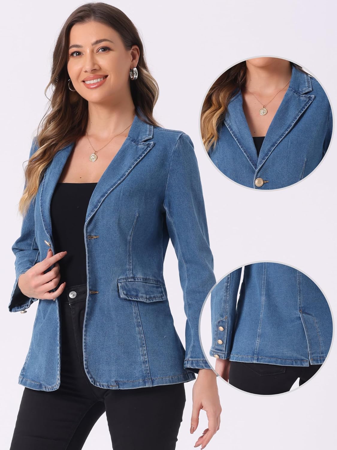 Allegra K Notched Lapel Denim Blazer for Women's Casual Work Long Sleeve Shoulder Pad Jean Jackets - Image 2
